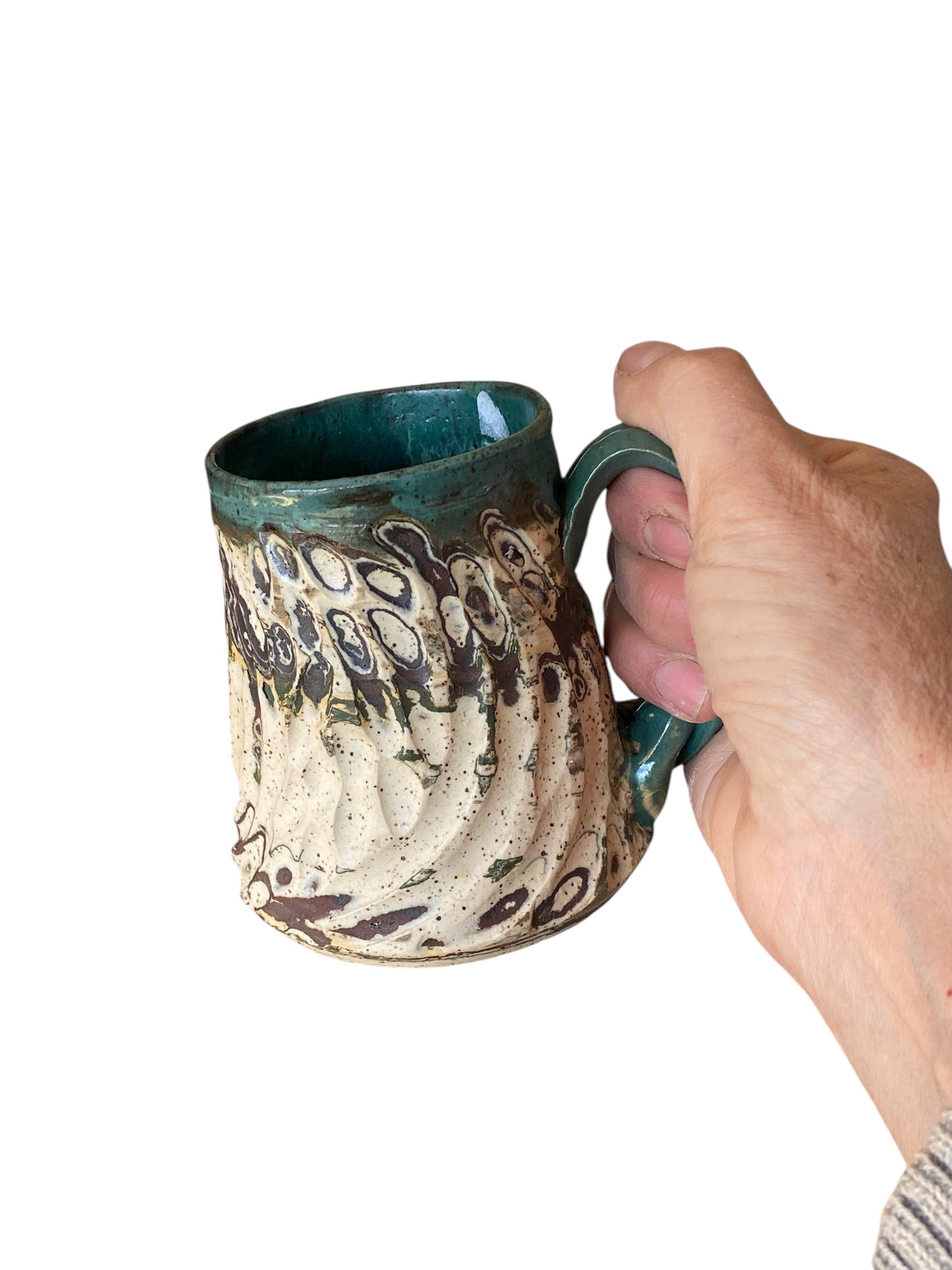 Fluted Porcelain Mug – Swirled Colored Clays with Japanese Neriage, Hand-Carved, Satin-Smooth Unglazed Pottery