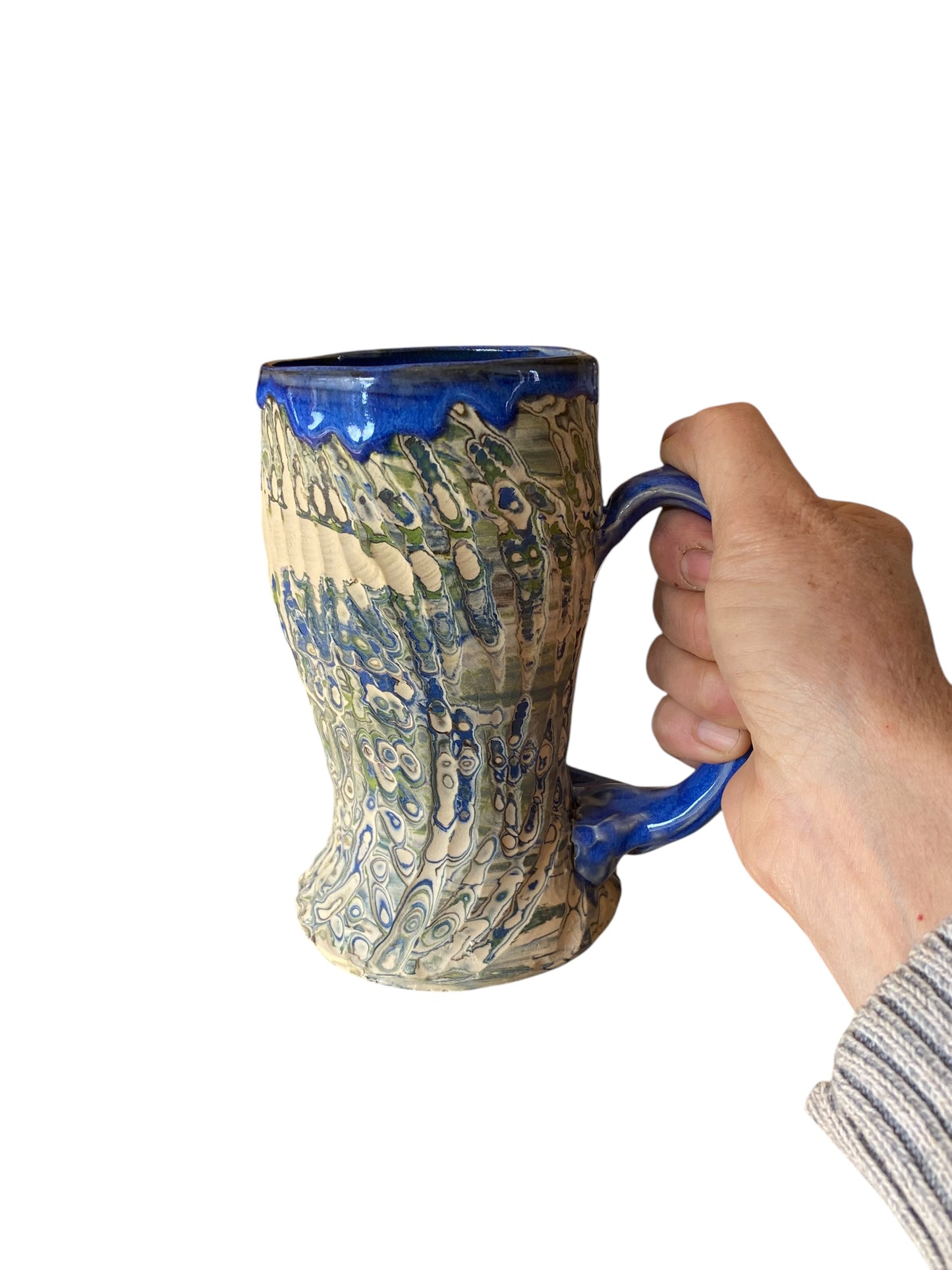 Fluted Porcelain Mug – Swirled Colored Clays with Japanese Neriage, Hand-Carved, Satin-Smooth Unglazed Pottery
