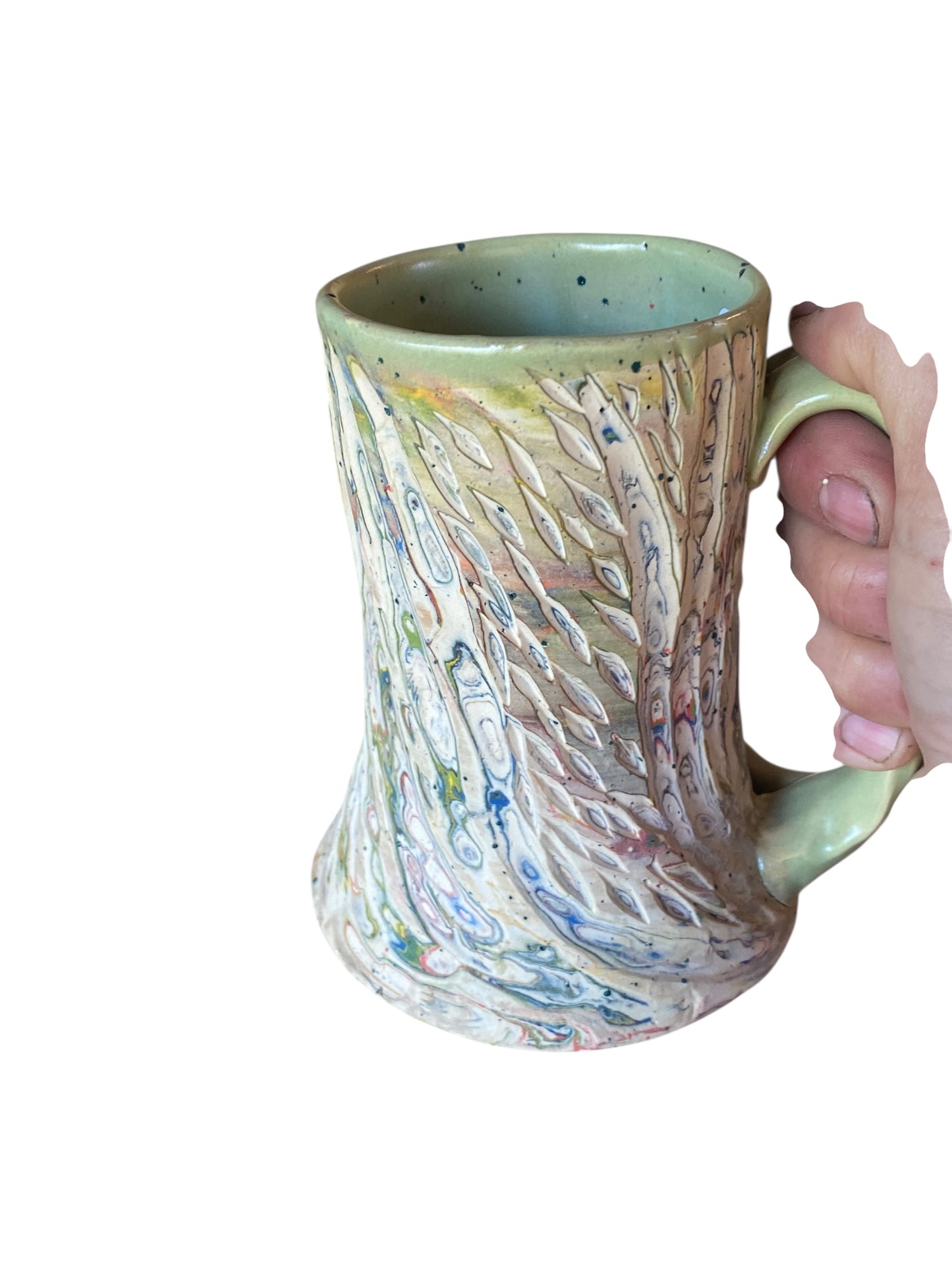 Fluted Porcelain Mug – Swirled Colored Clays with Japanese Neriage, Hand-Carved, Satin-Smooth Unglazed Pottery