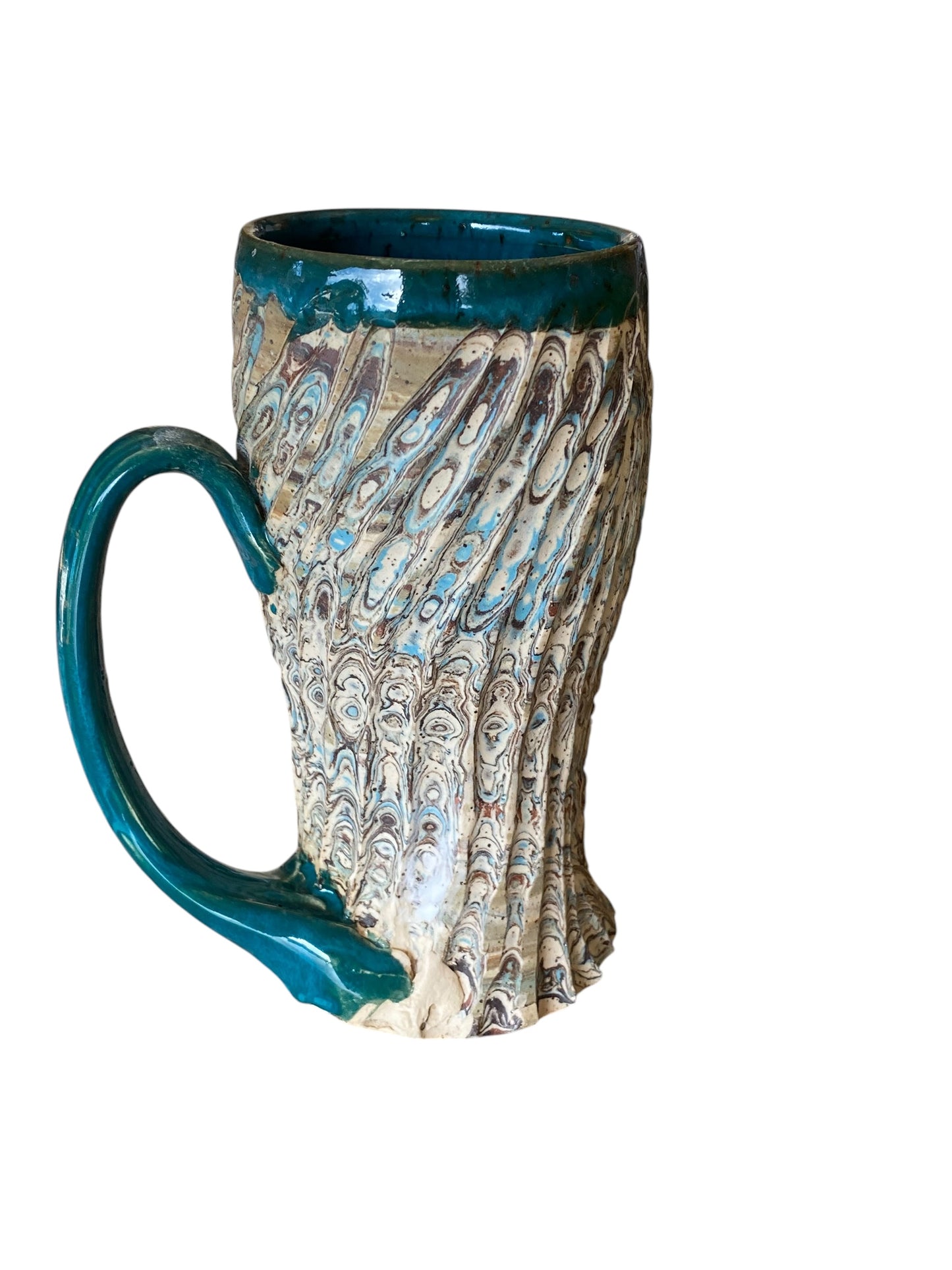 Fluted Porcelain Mug – Swirled Colored Clays with Japanese Neriage, Hand-Carved, Satin-Smooth Unglazed Pottery