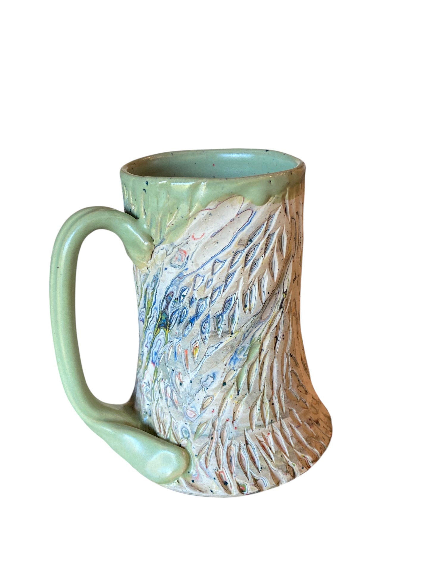 Fluted Porcelain Mug – Swirled Colored Clays with Japanese Neriage, Hand-Carved, Satin-Smooth Unglazed Pottery