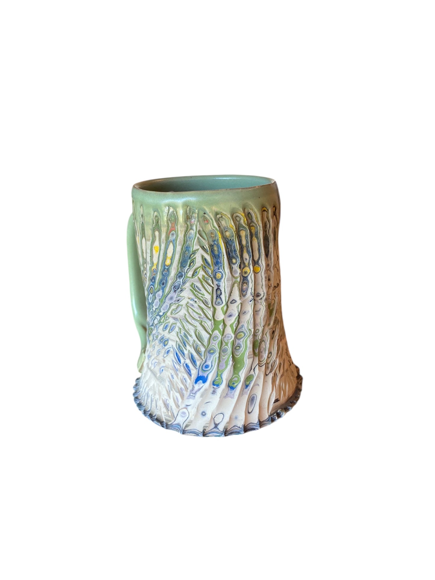 Fluted Porcelain Mug – Swirled Colored Clays with Japanese Neriage, Hand-Carved, Satin-Smooth Unglazed Pottery