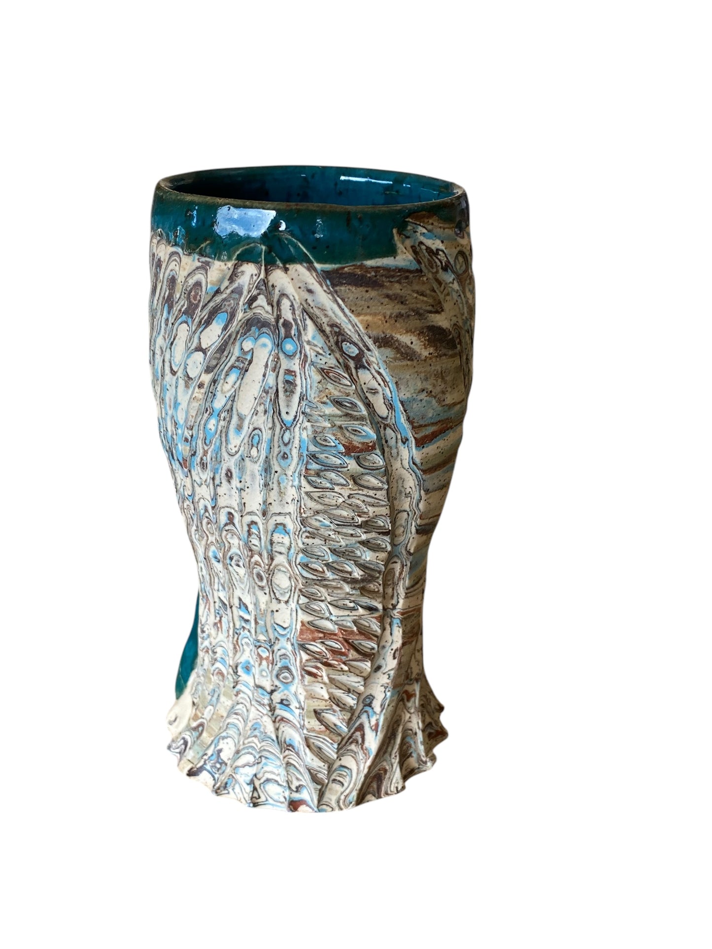 Fluted Porcelain Mug – Swirled Colored Clays with Japanese Neriage, Hand-Carved, Satin-Smooth Unglazed Pottery