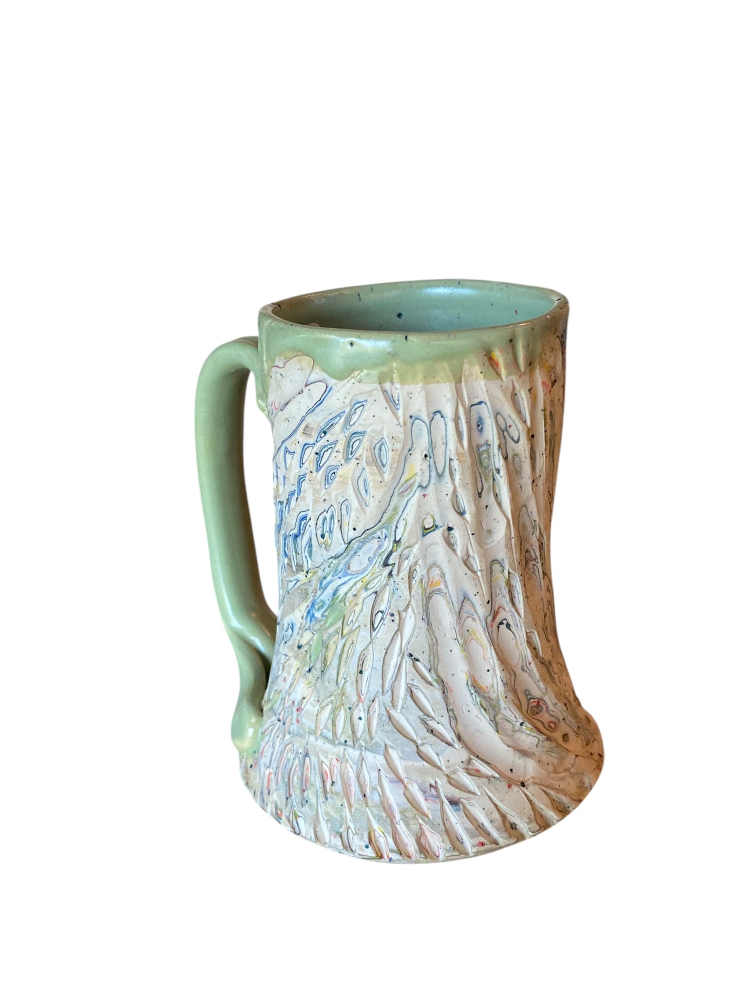 Fluted Porcelain Mug – Swirled Colored Clays with Japanese Neriage, Hand-Carved, Satin-Smooth Unglazed Pottery