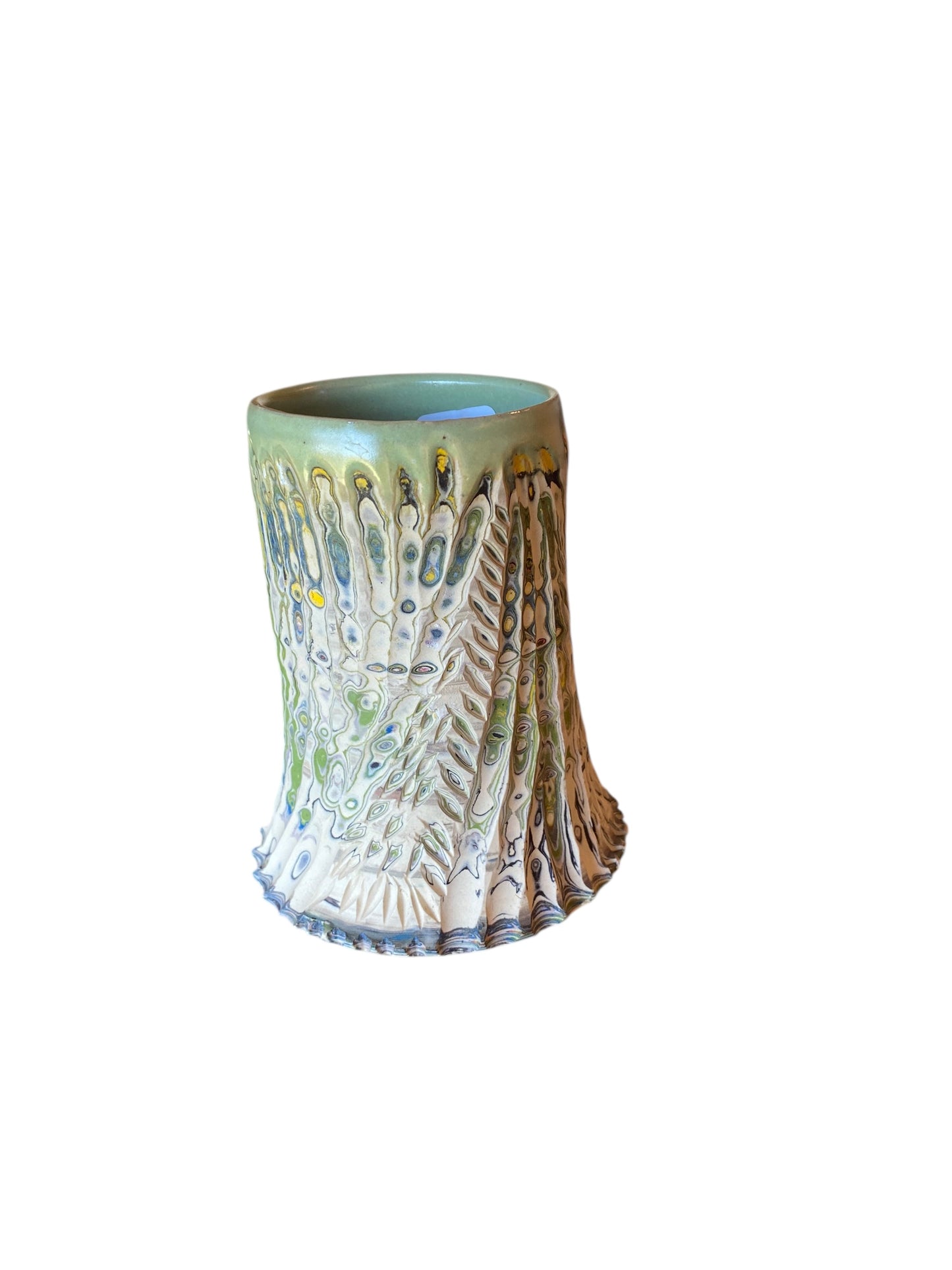 Fluted Porcelain Mug – Swirled Colored Clays with Japanese Neriage, Hand-Carved, Satin-Smooth Unglazed Pottery