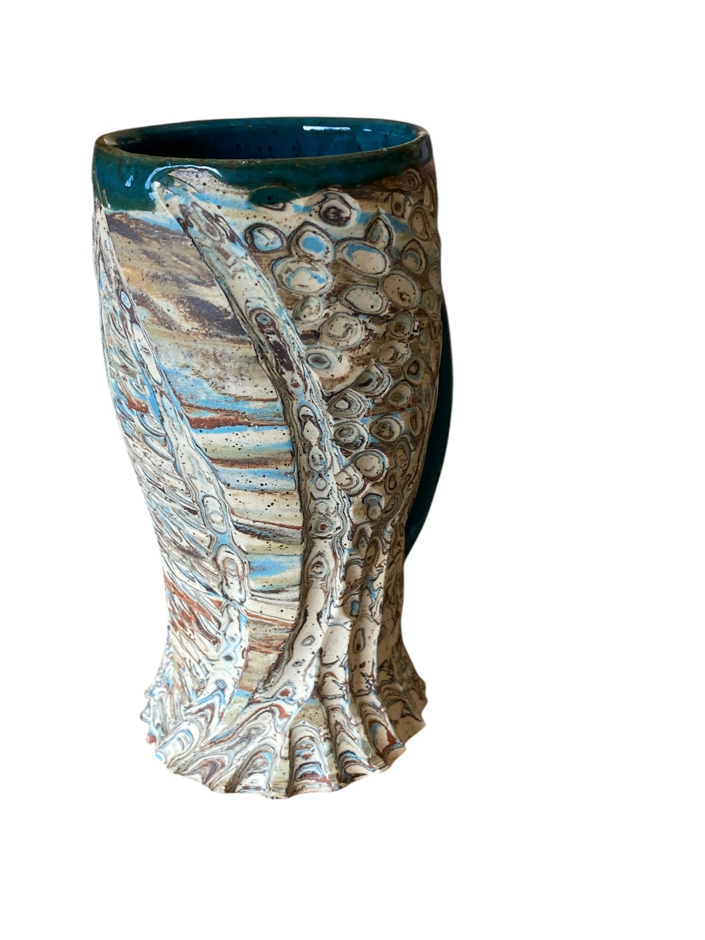 Fluted Porcelain Mug – Swirled Colored Clays with Japanese Neriage, Hand-Carved, Satin-Smooth Unglazed Pottery
