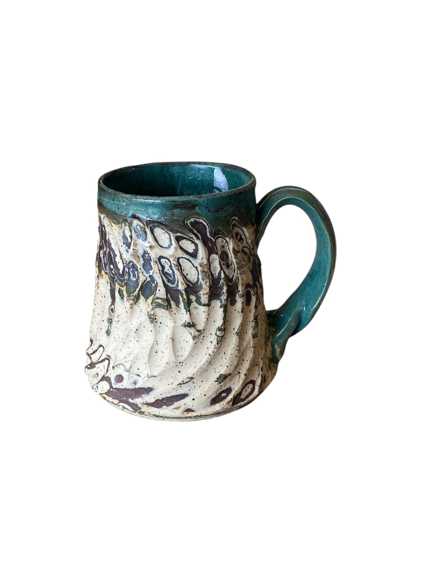 Fluted Porcelain Mug – Swirled Colored Clays with Japanese Neriage, Hand-Carved, Satin-Smooth Unglazed Pottery