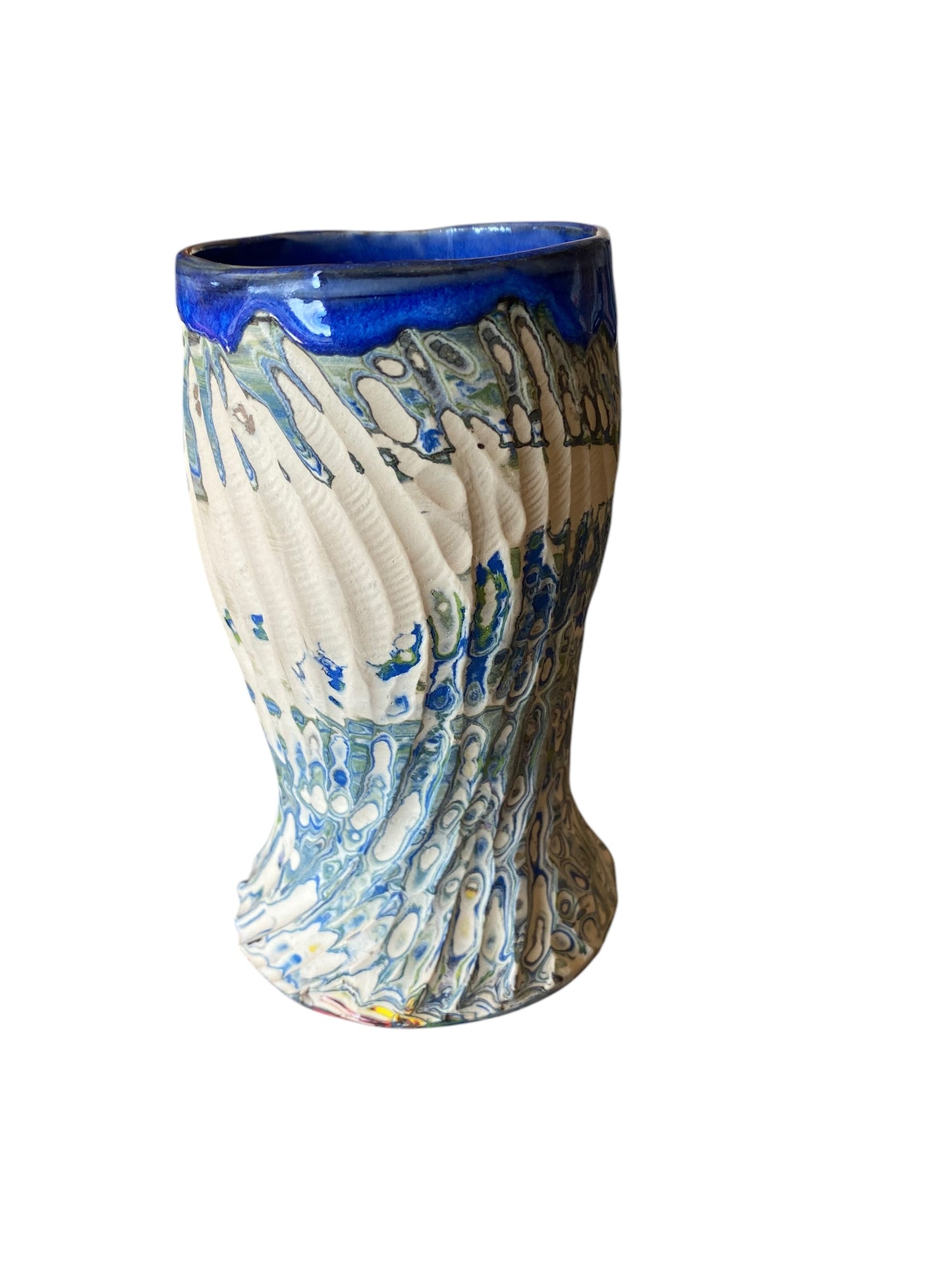 Fluted Porcelain Mug – Swirled Colored Clays with Japanese Neriage, Hand-Carved, Satin-Smooth Unglazed Pottery