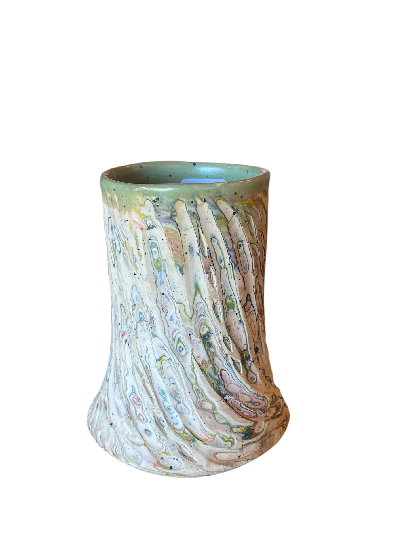 Fluted Porcelain Mug – Swirled Colored Clays with Japanese Neriage, Hand-Carved, Satin-Smooth Unglazed Pottery