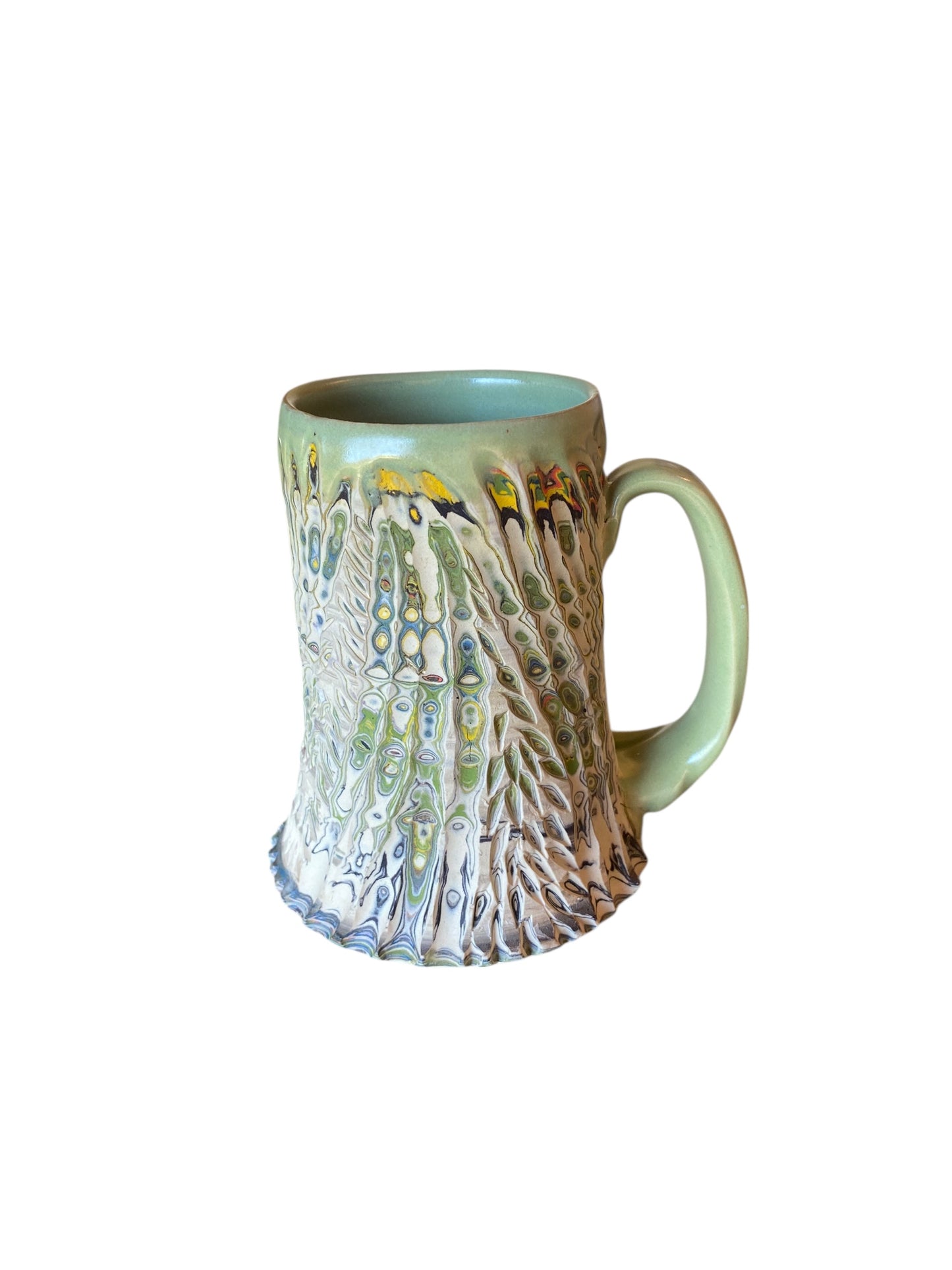 Fluted Porcelain Mug – Swirled Colored Clays with Japanese Neriage, Hand-Carved, Satin-Smooth Unglazed Pottery