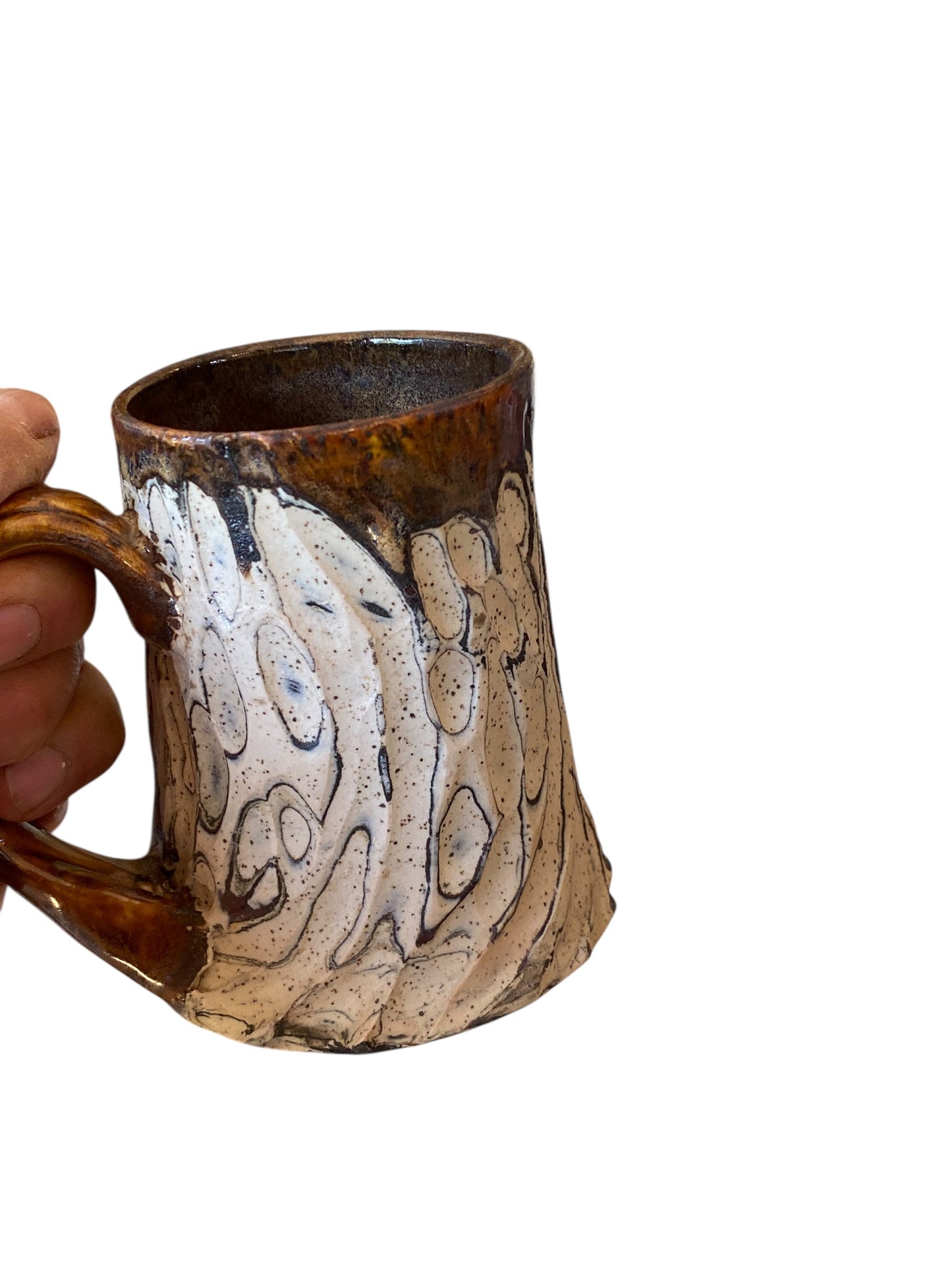 Fluted Porcelain Mug – Swirled Colored Clays with Japanese Neriage, Hand-Carved, Satin-Smooth Unglazed Pottery