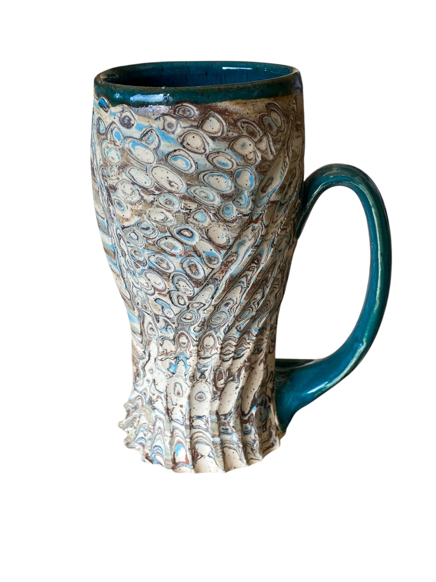 Fluted Porcelain Mug – Swirled Colored Clays with Japanese Neriage, Hand-Carved, Satin-Smooth Unglazed Pottery