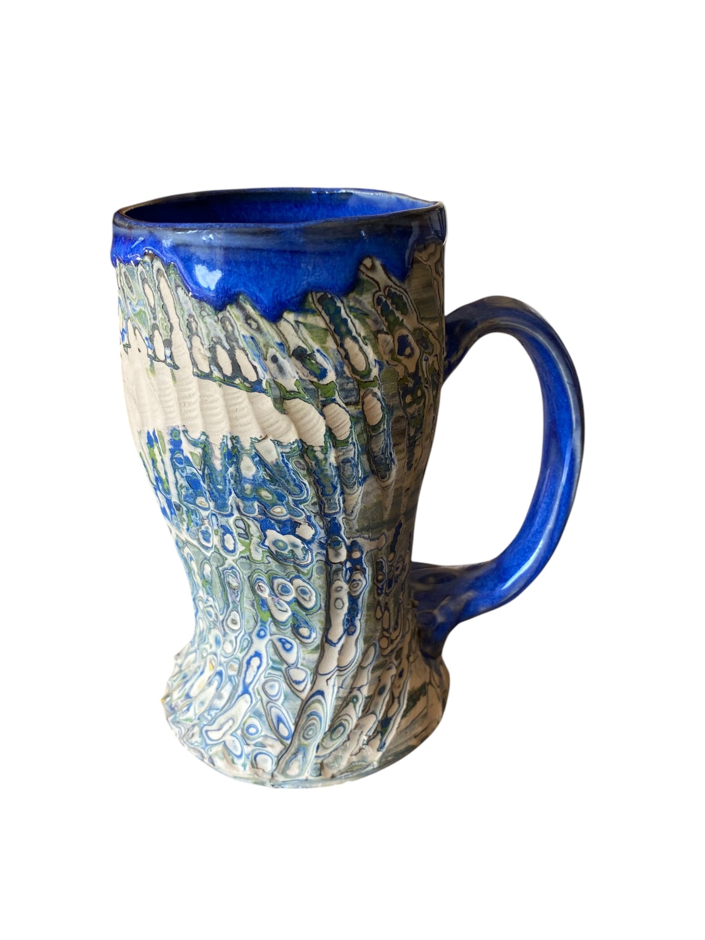 Fluted Porcelain Mug – Swirled Colored Clays with Japanese Neriage, Hand-Carved, Satin-Smooth Unglazed Pottery