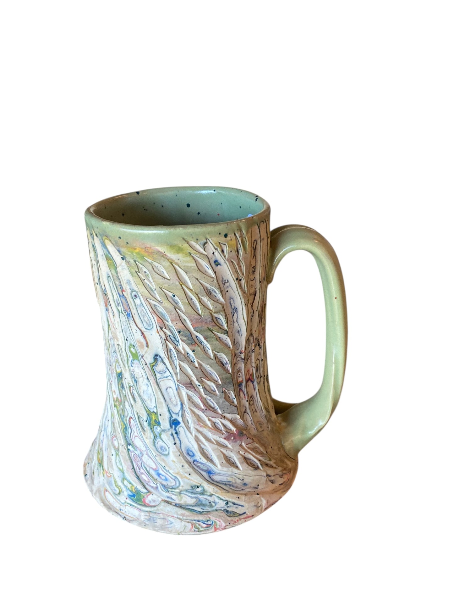 Fluted Porcelain Mug – Swirled Colored Clays with Japanese Neriage, Hand-Carved, Satin-Smooth Unglazed Pottery