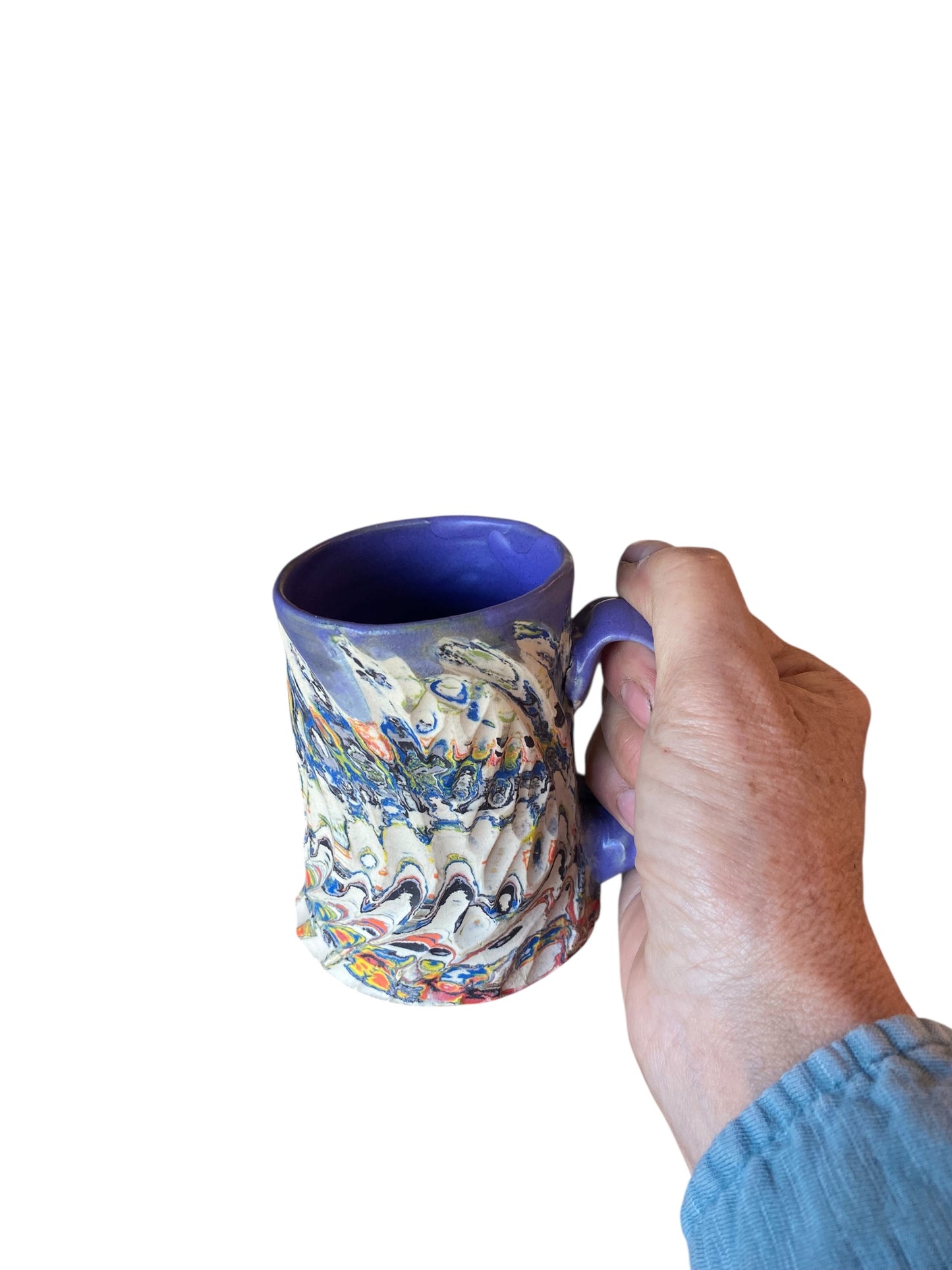 Fluted Porcelain Mug – Swirled Colored Clays with Japanese Neriage, Hand-Carved, Satin-Smooth Unglazed Pottery