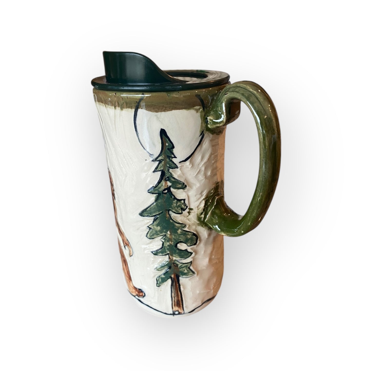 Bigfoot Ceramic Travel Mug – 16 oz Handmade Stoneware Tumbler with Locking Lid | Sgraffito Bigfoot Design | Eco-Friendly Coffee Cup