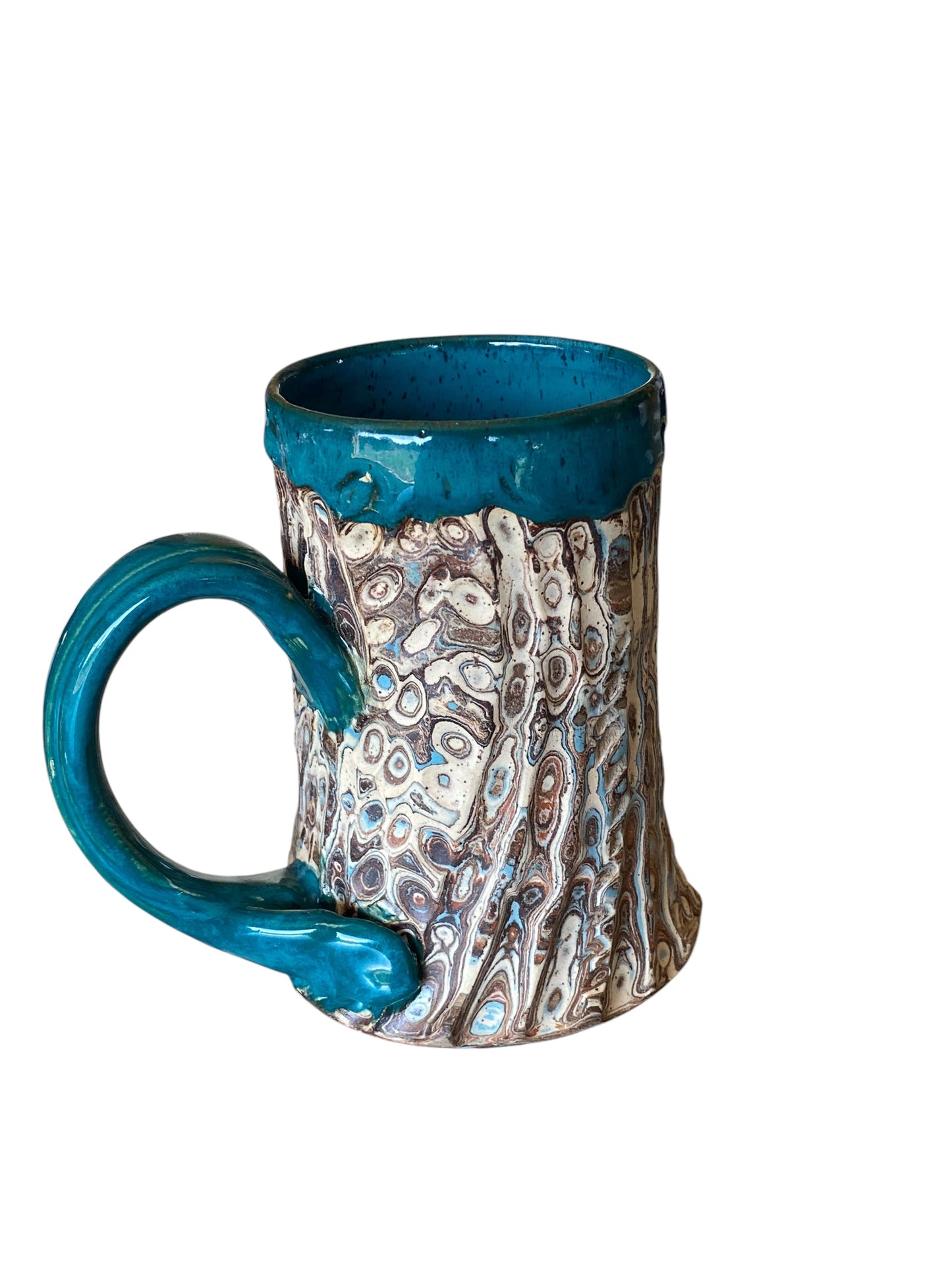 Fluted Porcelain Mug – Swirled Colored Clays with Japanese Neriage, Hand-Carved, Satin-Smooth Unglazed Pottery