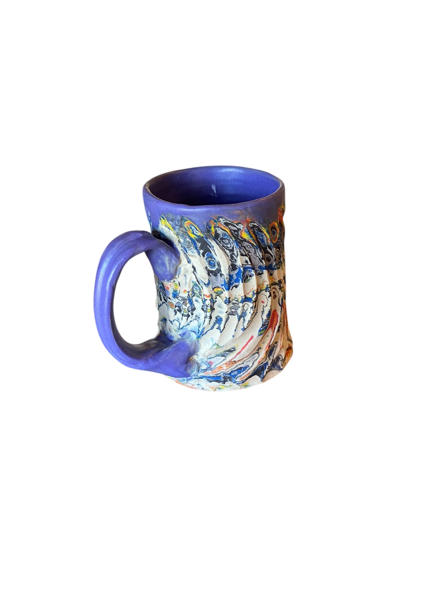 Fluted Porcelain Mug – Swirled Colored Clays with Japanese Neriage, Hand-Carved, Satin-Smooth Unglazed Pottery