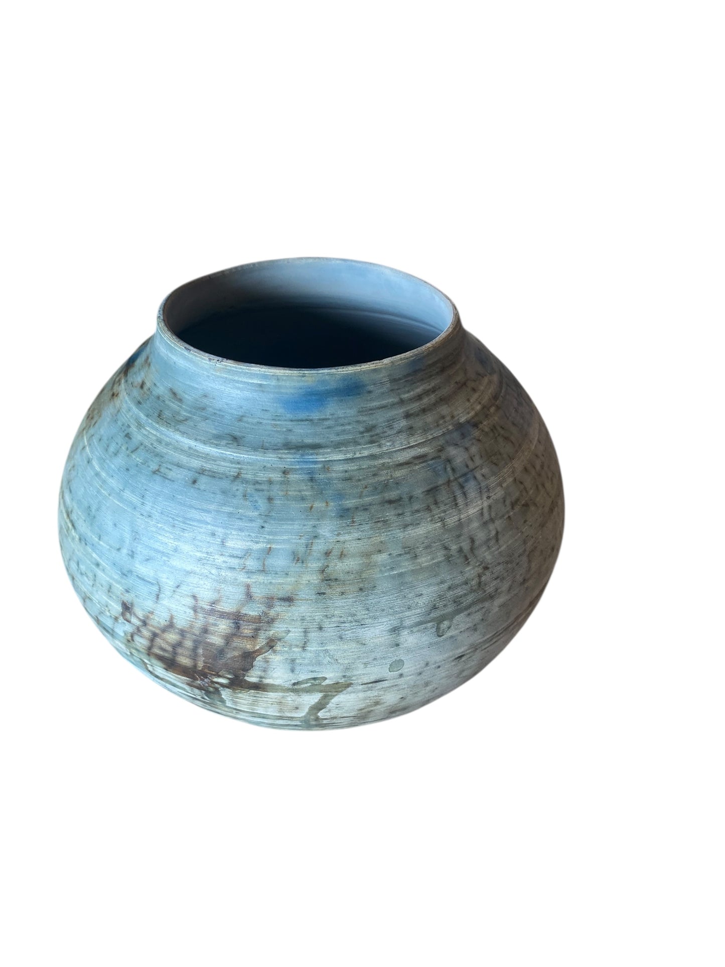 Pit Fired Vase – 7"x7" – Cobalt Blue with Soluble Salts Finish