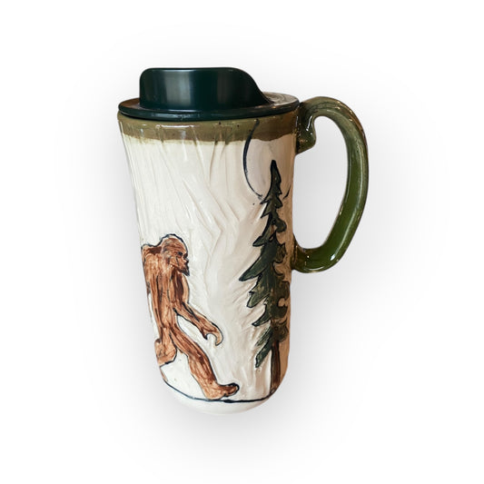 Bigfoot Ceramic Travel Mug – 16 oz Handmade Stoneware Tumbler with Locking Lid | Sgraffito Bigfoot Design | Eco-Friendly Coffee Cup