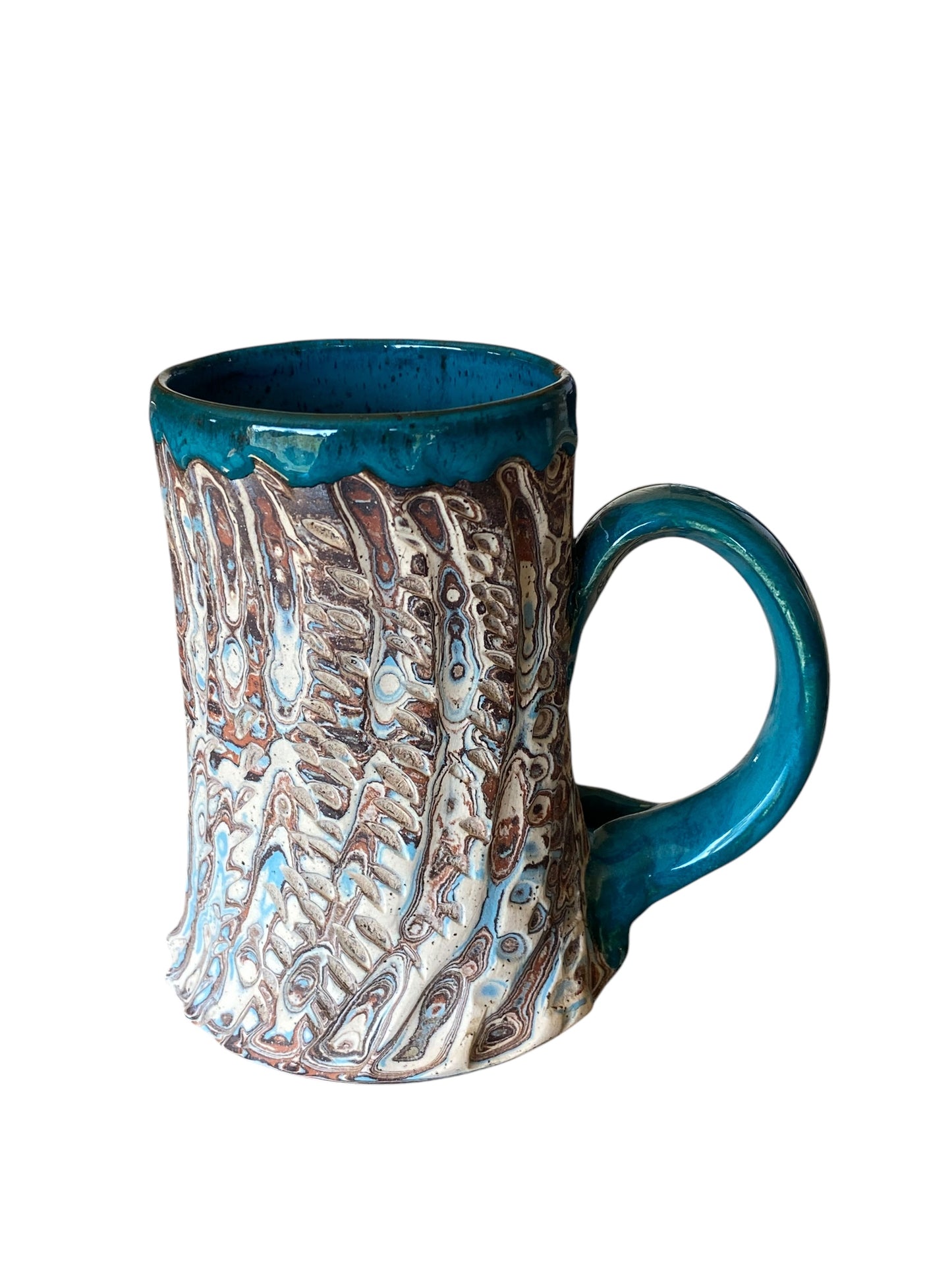 Fluted Porcelain Mug – Swirled Colored Clays with Japanese Neriage, Hand-Carved, Satin-Smooth Unglazed Pottery