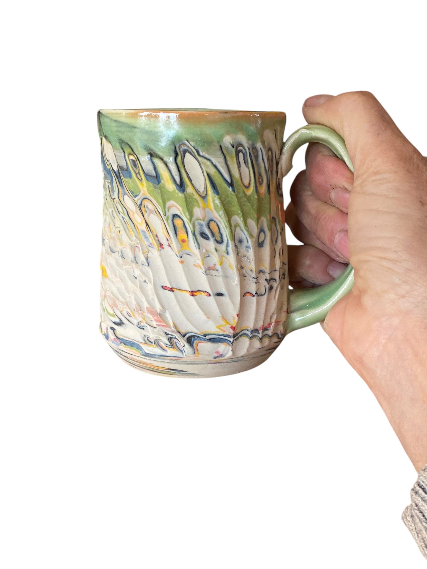 Fluted Porcelain Mug – Swirled Colored Clays with Japanese Neriage, Hand-Carved, Satin-Smooth Unglazed Pottery