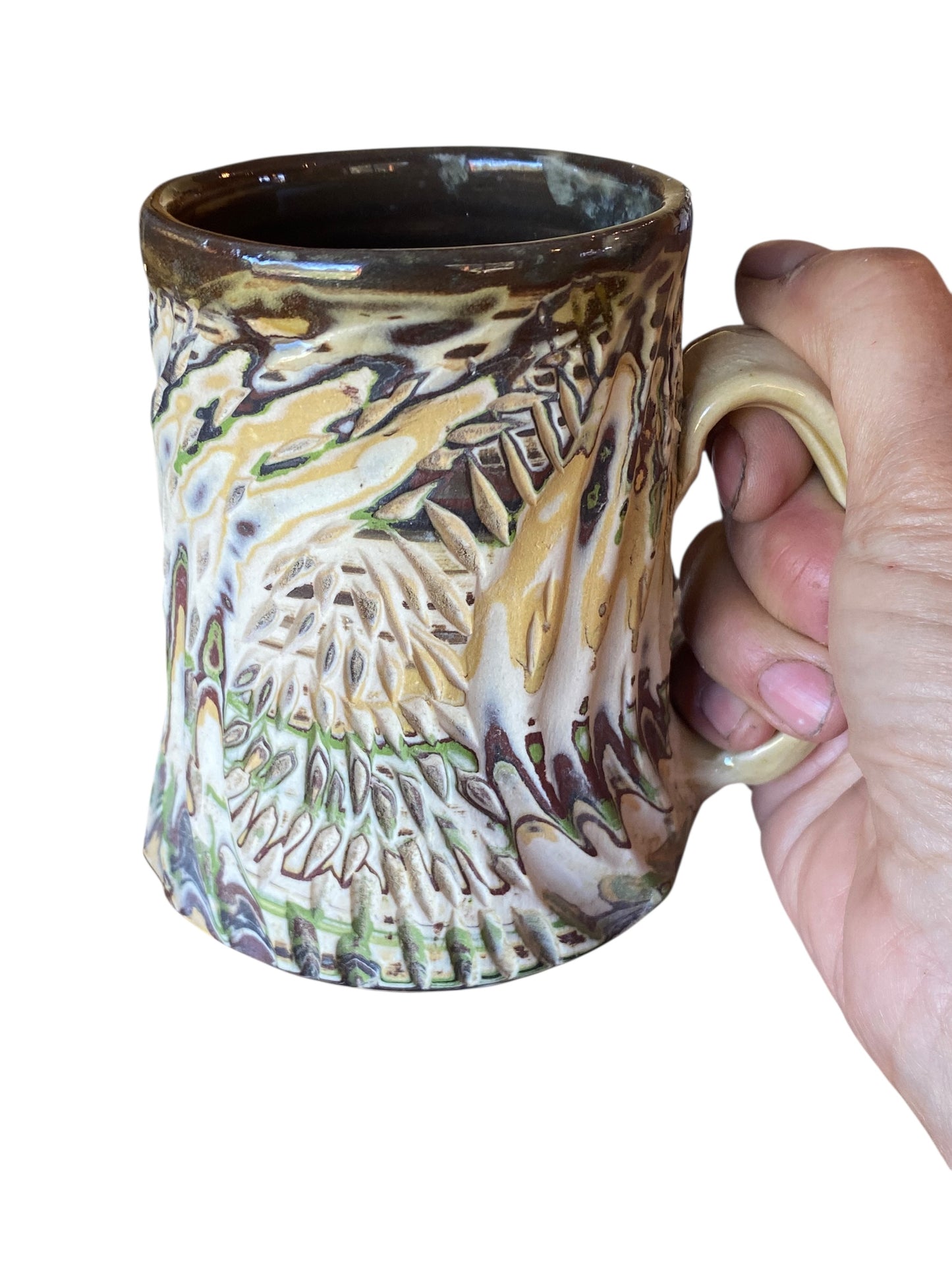 Fluted Porcelain Mug – Swirled Colored Clays with Japanese Neriage, Hand-Carved, Satin-Smooth Unglazed Pottery