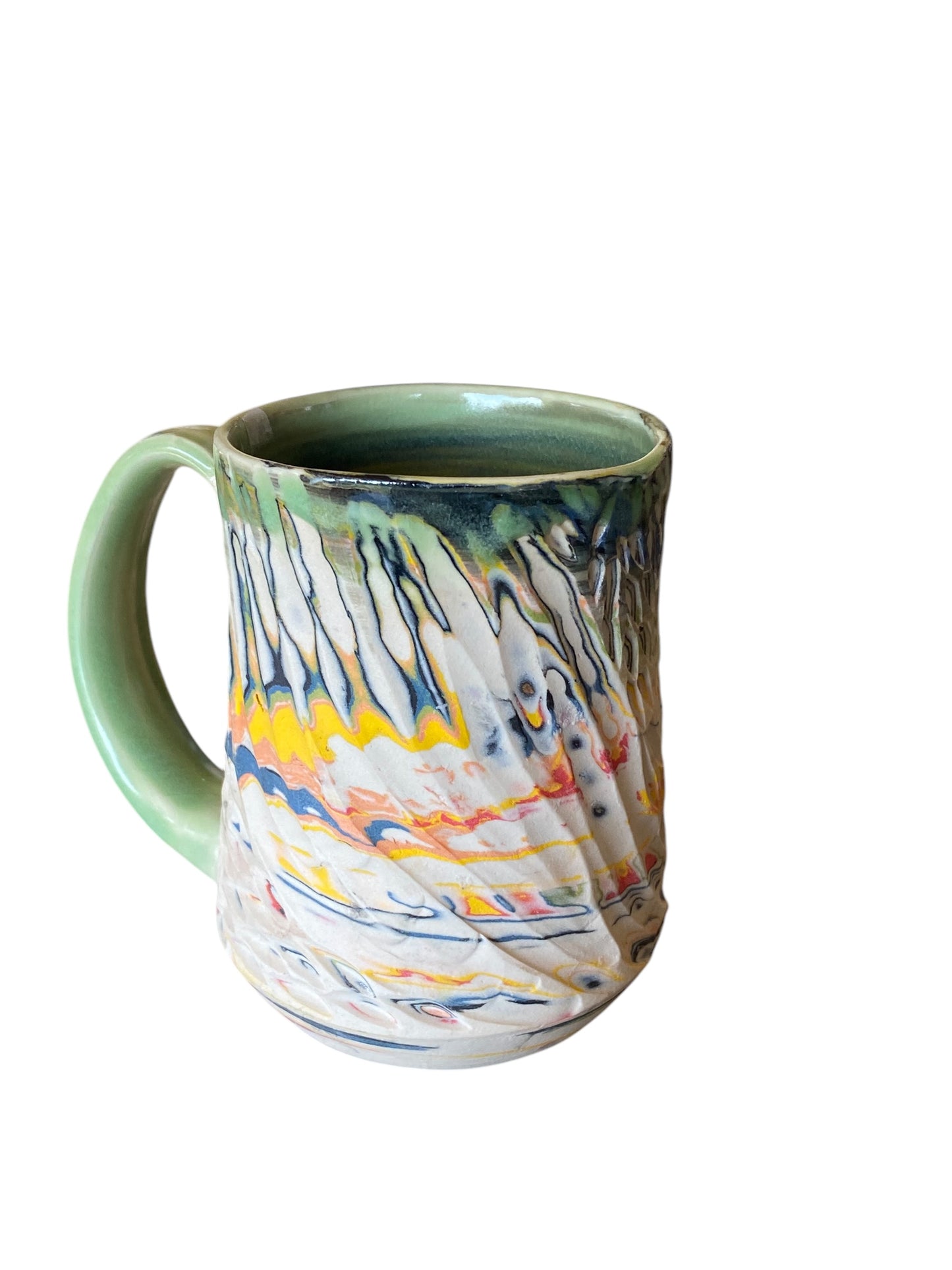 Fluted Porcelain Mug – Swirled Colored Clays with Japanese Neriage, Hand-Carved, Satin-Smooth Unglazed Pottery