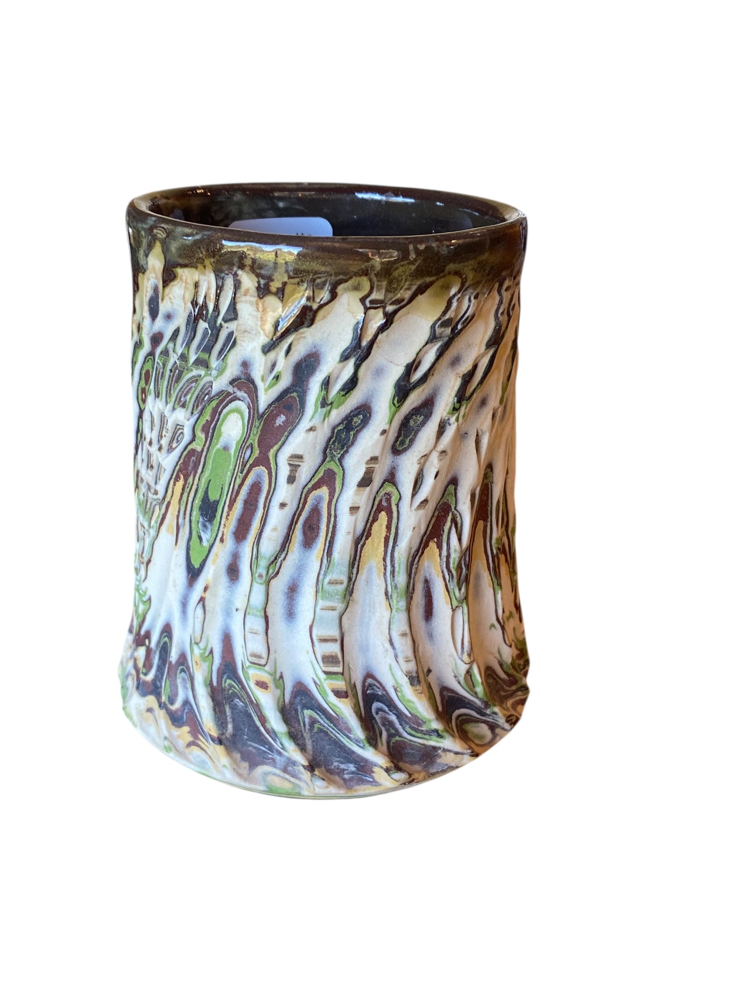 Fluted Porcelain Mug – Swirled Colored Clays with Japanese Neriage, Hand-Carved, Satin-Smooth Unglazed Pottery