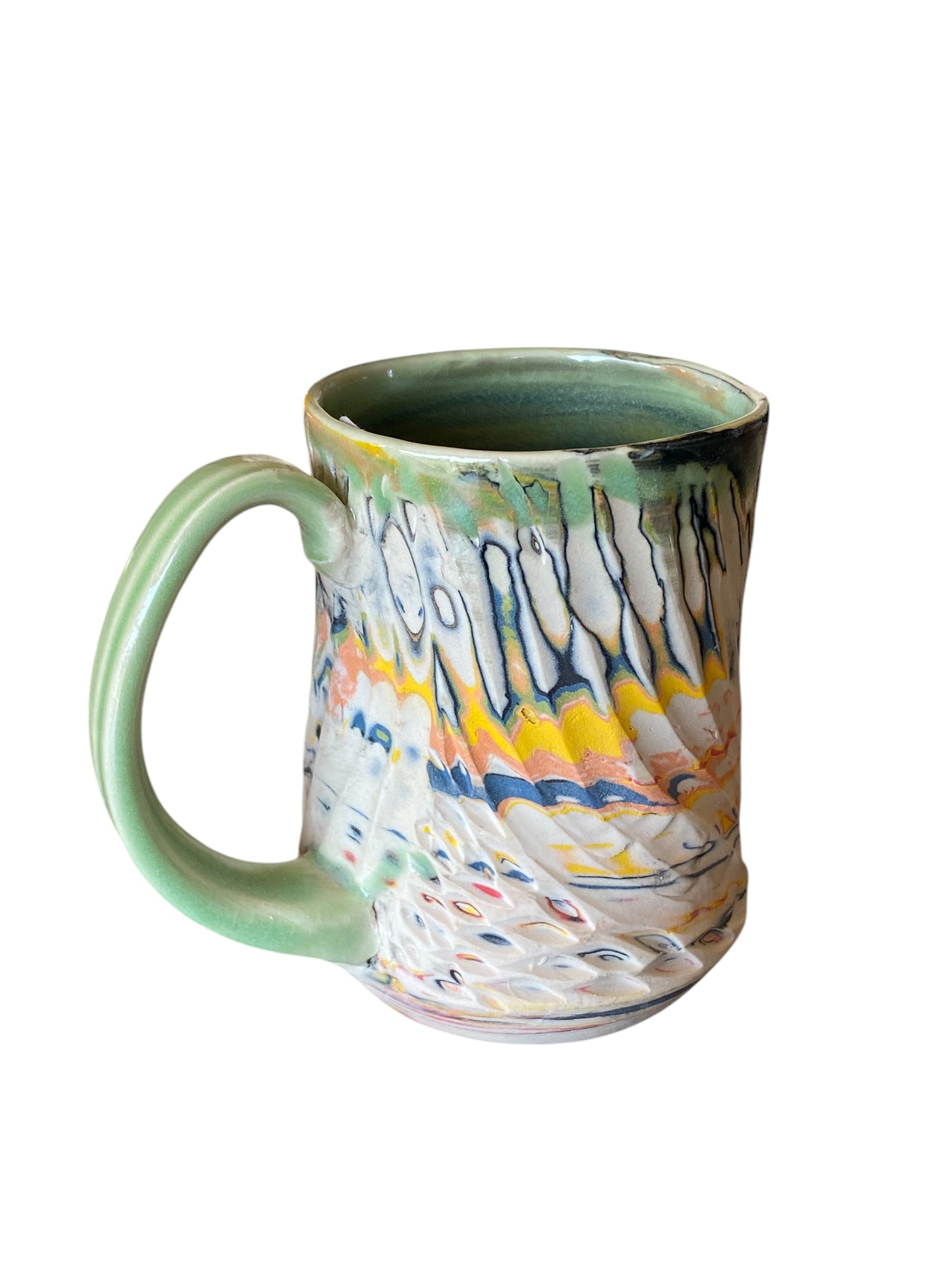Fluted Porcelain Mug – Swirled Colored Clays with Japanese Neriage, Hand-Carved, Satin-Smooth Unglazed Pottery