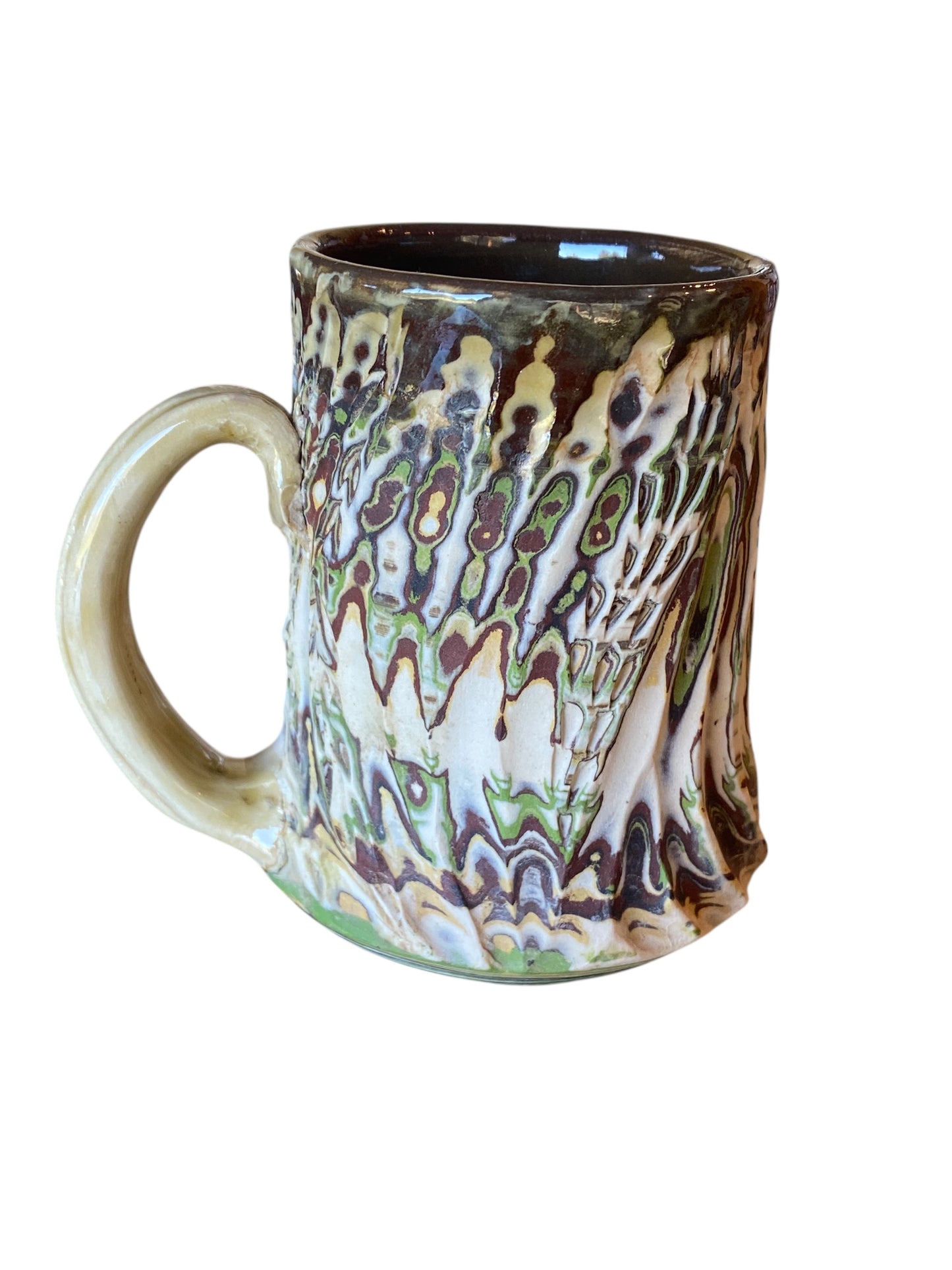 Fluted Porcelain Mug – Swirled Colored Clays with Japanese Neriage, Hand-Carved, Satin-Smooth Unglazed Pottery