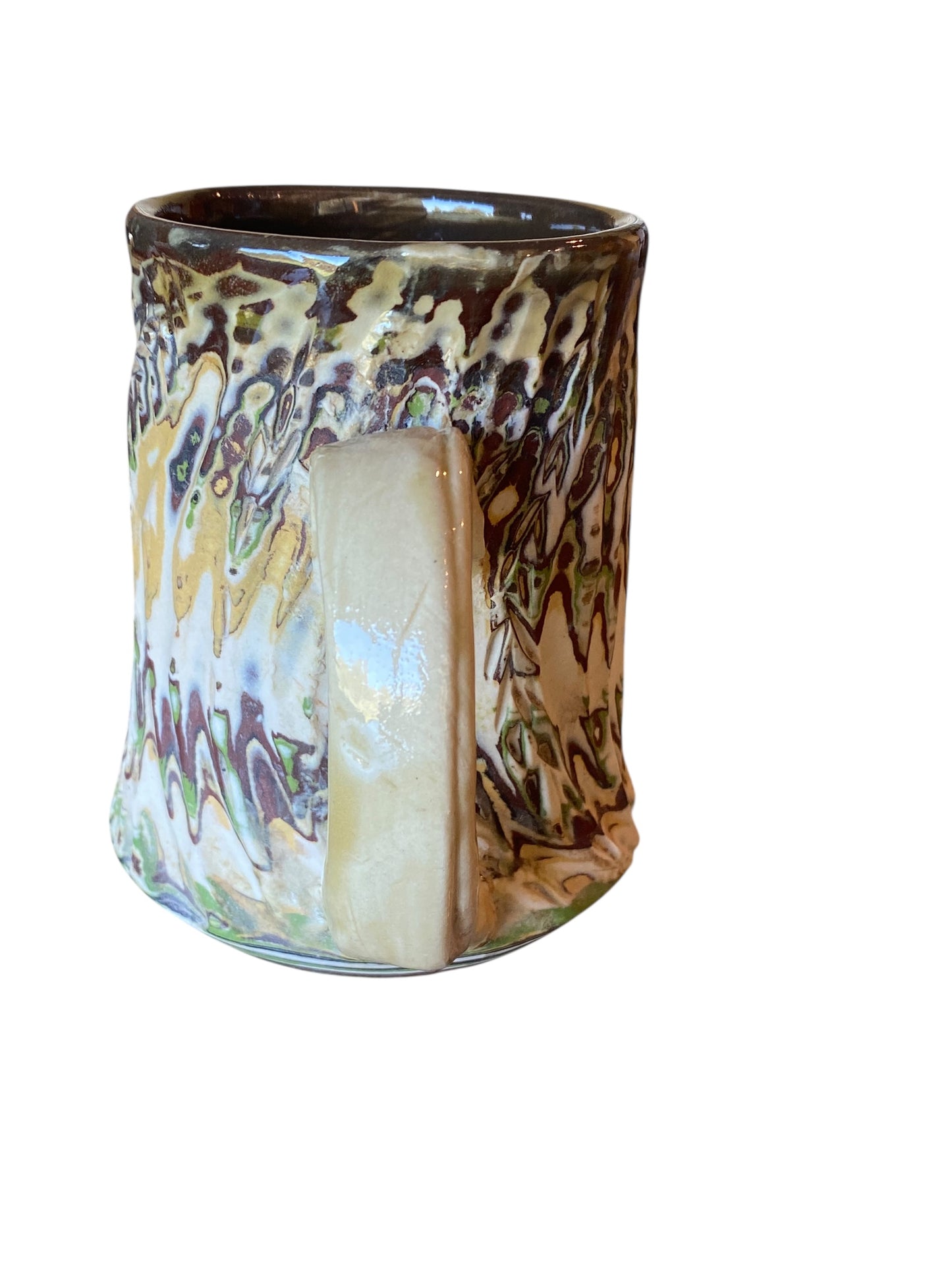 Fluted Porcelain Mug – Swirled Colored Clays with Japanese Neriage, Hand-Carved, Satin-Smooth Unglazed Pottery