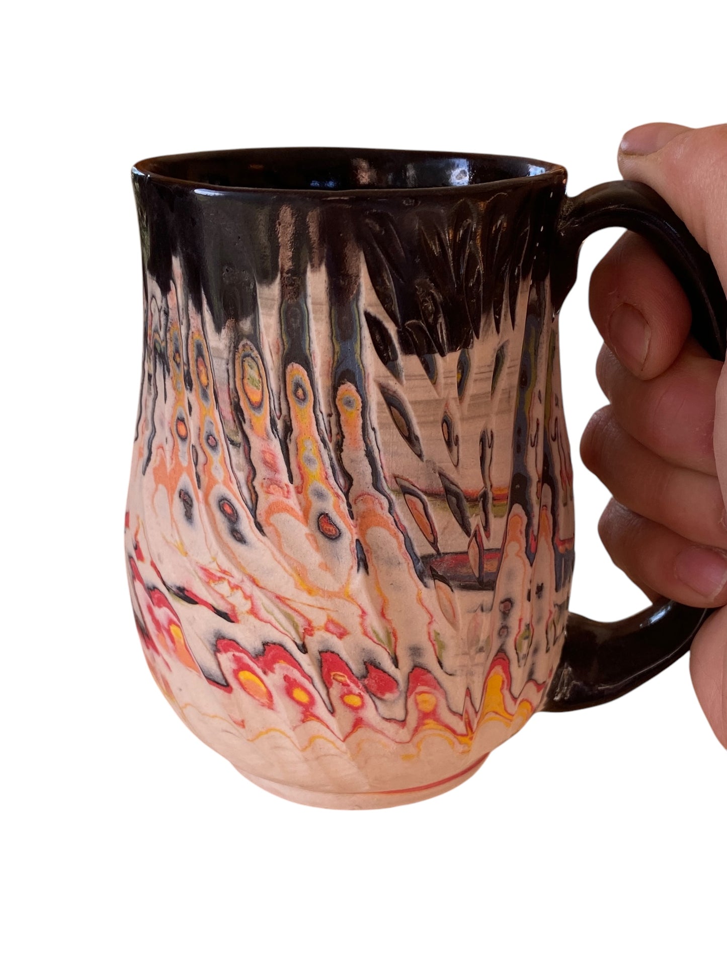 Fluted Porcelain Mug – Swirled Colored Clays with Japanese Neriage, Hand-Carved, Satin-Smooth Unglazed Pottery