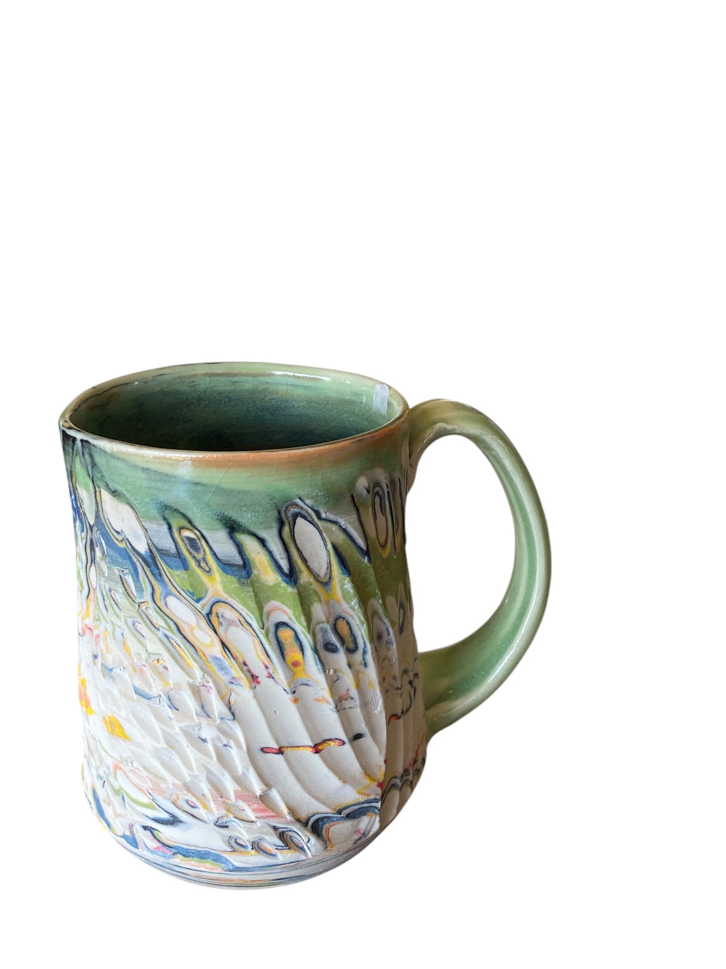 Fluted Porcelain Mug – Swirled Colored Clays with Japanese Neriage, Hand-Carved, Satin-Smooth Unglazed Pottery