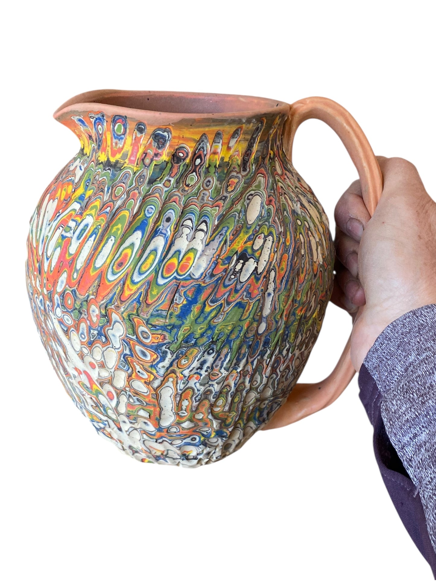 Handmade Neriage Ceramic Pitcher – Large Colored Porcelain Jug with Carved Swirl Pattern – Artisan Pottery Vase or Drinkware