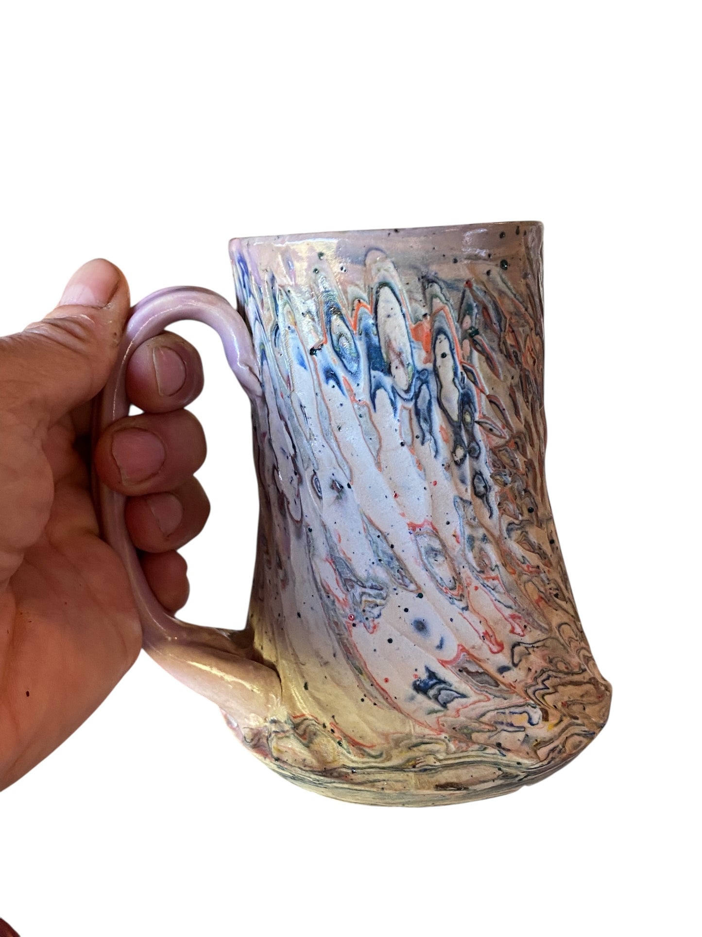 Fluted Porcelain Mug – Swirled Colored Clays with Japanese Neriage, Hand-Carved, Satin-Smooth Unglazed Pottery
