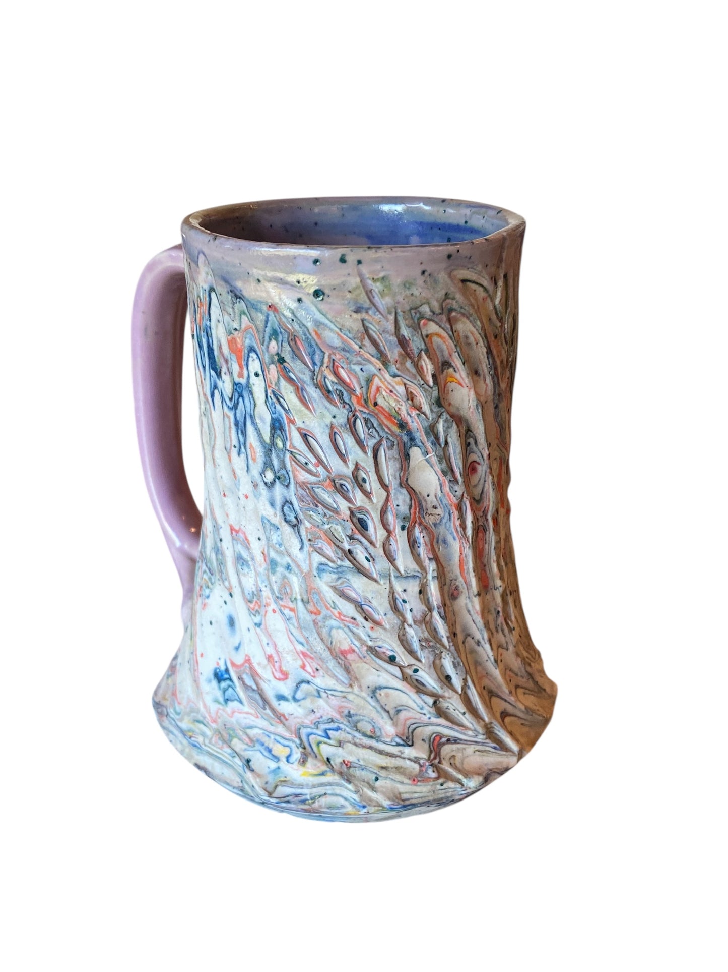 Fluted Porcelain Mug – Swirled Colored Clays with Japanese Neriage, Hand-Carved, Satin-Smooth Unglazed Pottery