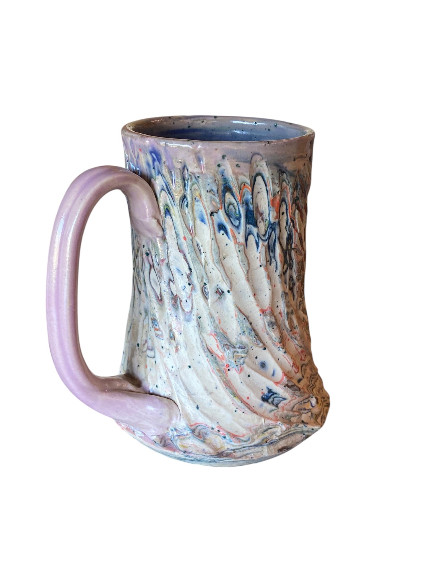 Fluted Porcelain Mug – Swirled Colored Clays with Japanese Neriage, Hand-Carved, Satin-Smooth Unglazed Pottery