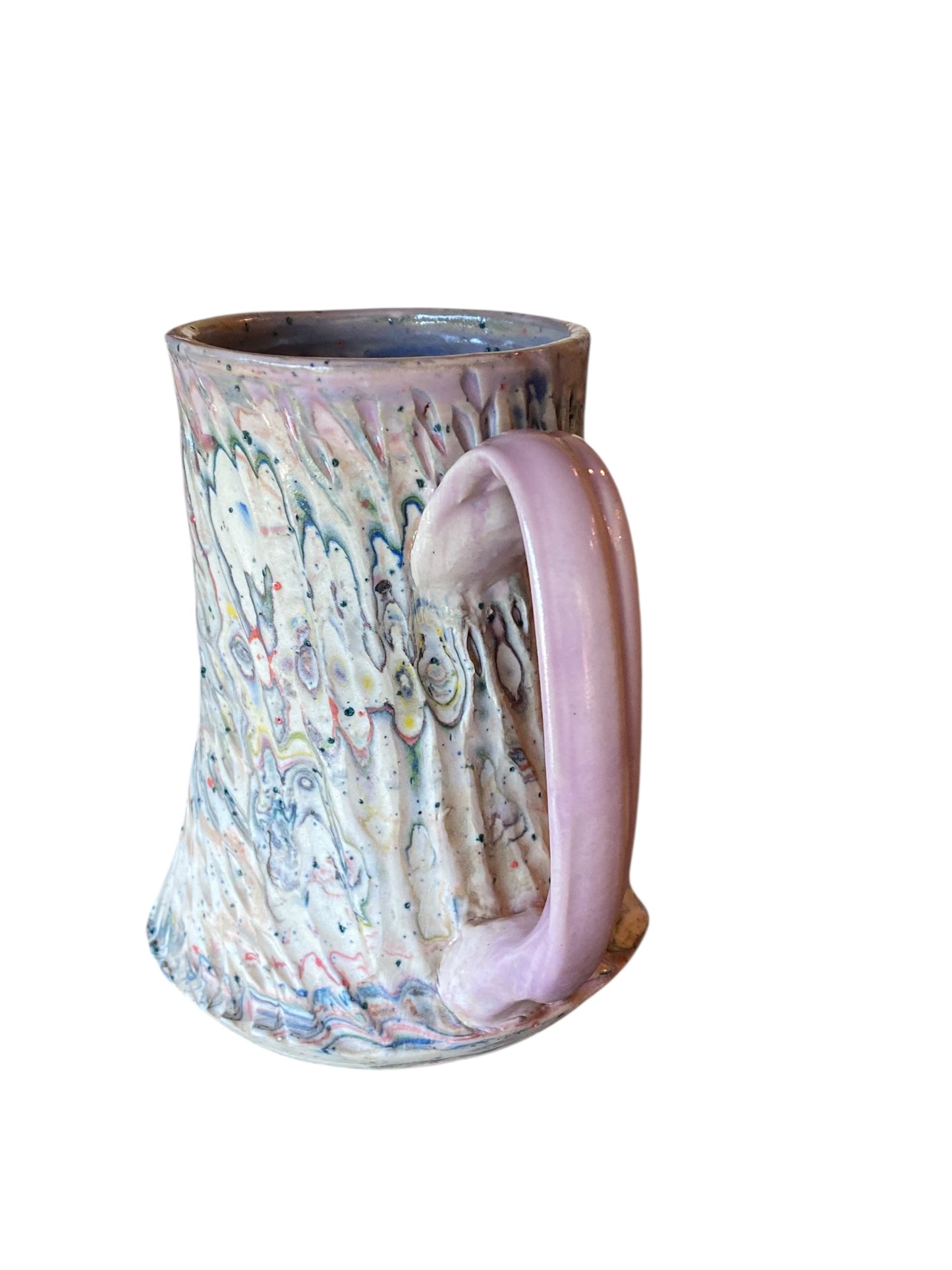 Fluted Porcelain Mug – Swirled Colored Clays with Japanese Neriage, Hand-Carved, Satin-Smooth Unglazed Pottery