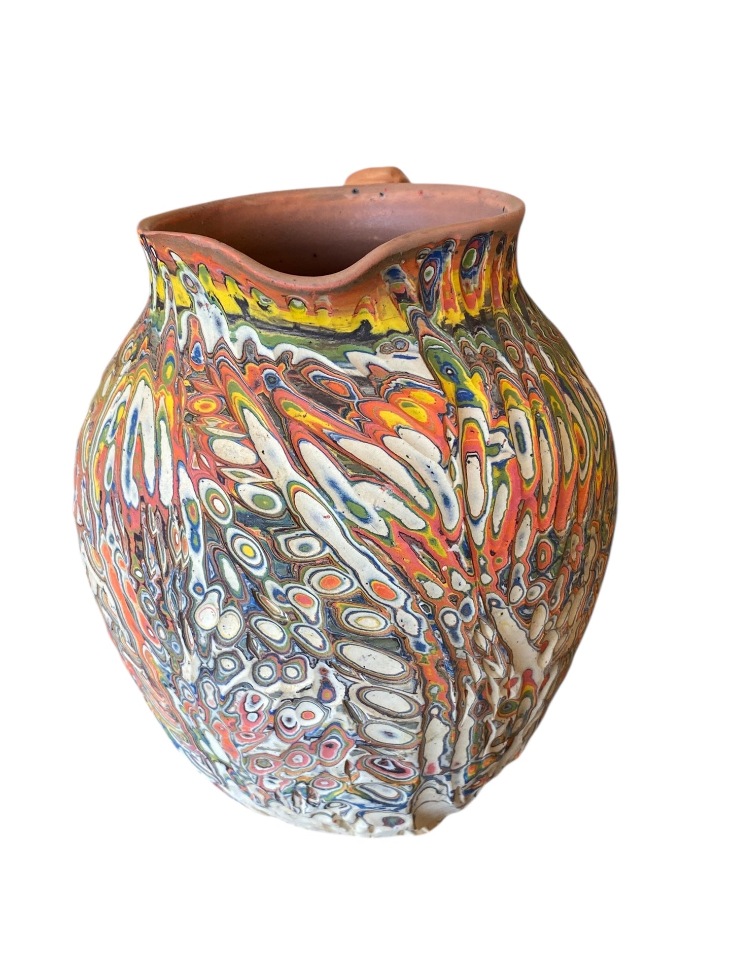 Handmade Neriage Ceramic Pitcher – Large Colored Porcelain Jug with Carved Swirl Pattern – Artisan Pottery Vase or Drinkware