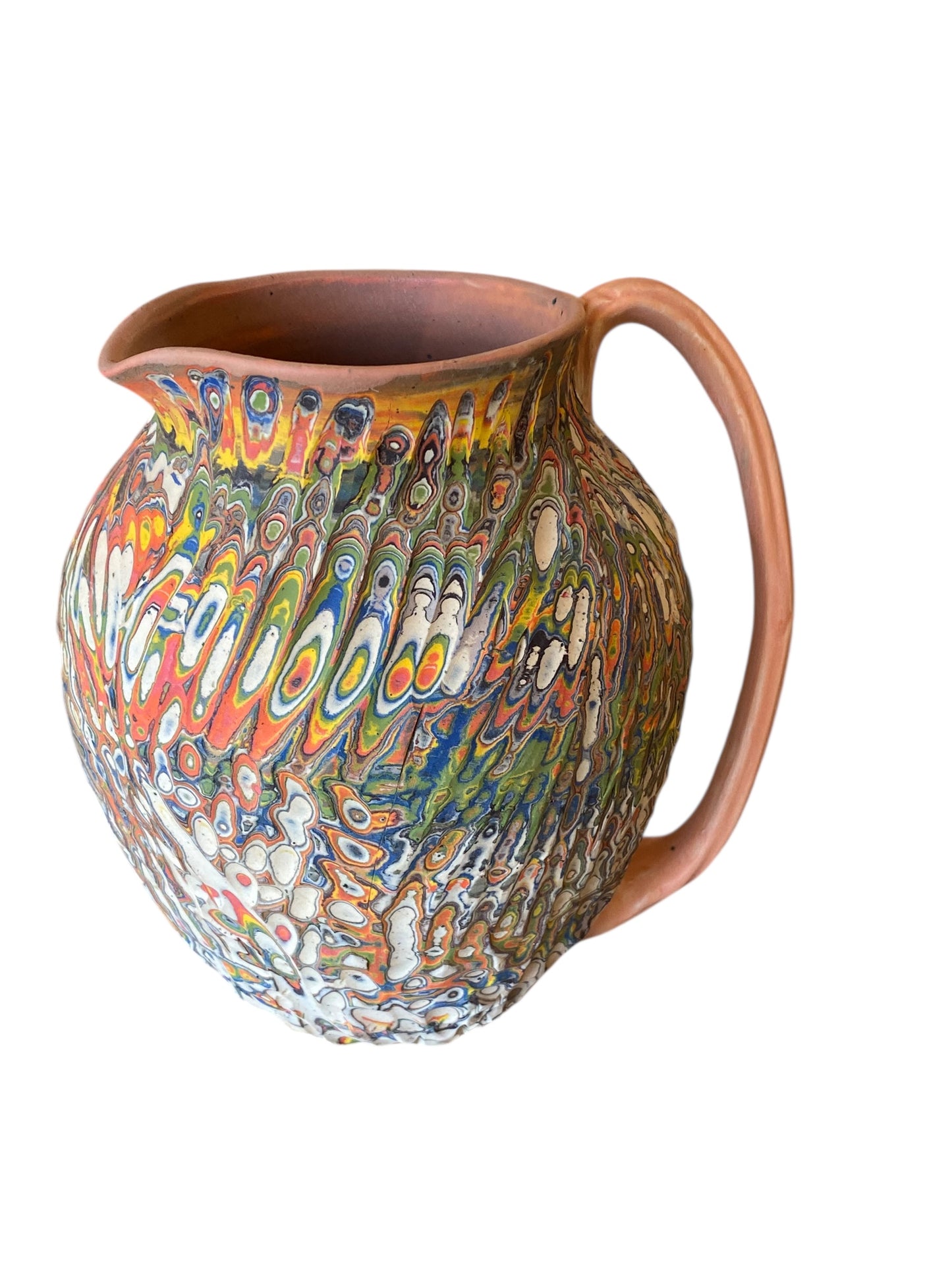 Handmade Neriage Ceramic Pitcher – Large Colored Porcelain Jug with Carved Swirl Pattern – Artisan Pottery Vase or Drinkware