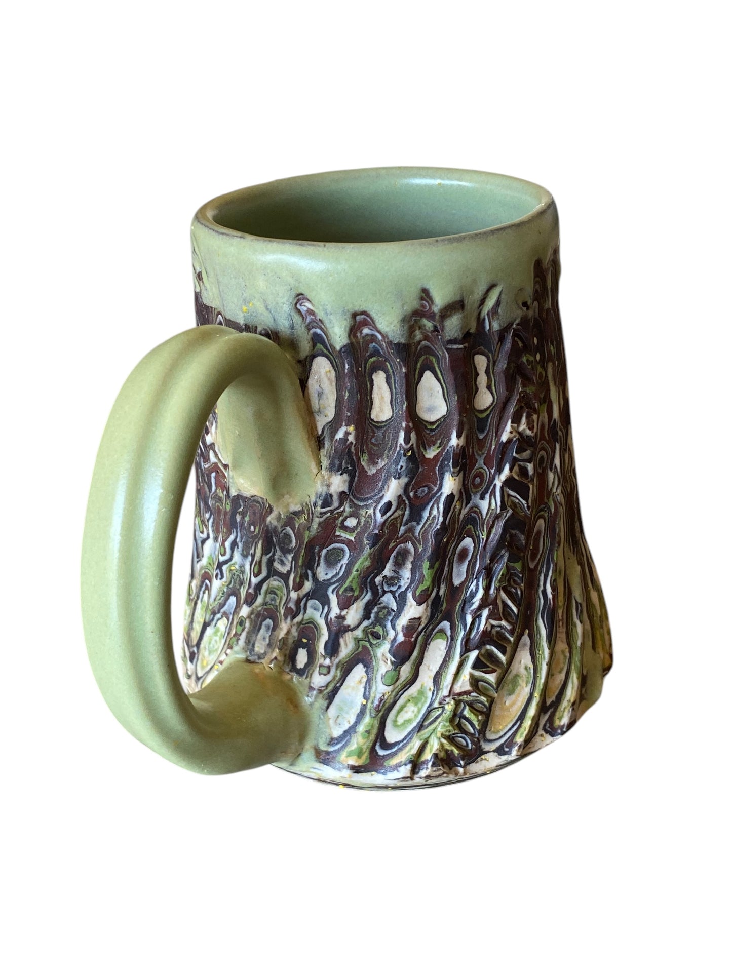 Fluted Porcelain Mug – Swirled Colored Clays with Japanese Neriage, Hand-Carved, Satin-Smooth Unglazed Pottery