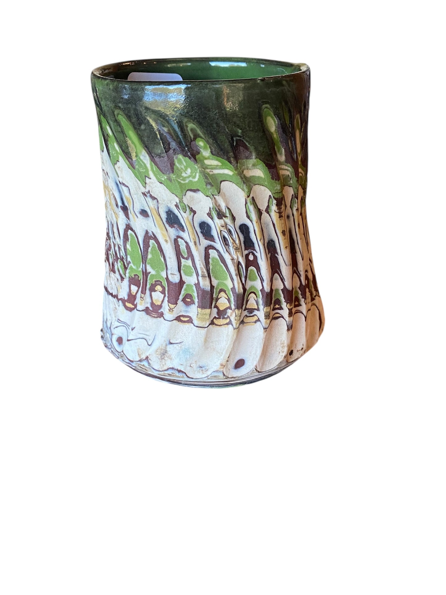 Fluted Porcelain Mug – Swirled Colored Clays with Japanese Neriage, Hand-Carved, Satin-Smooth Unglazed Pottery