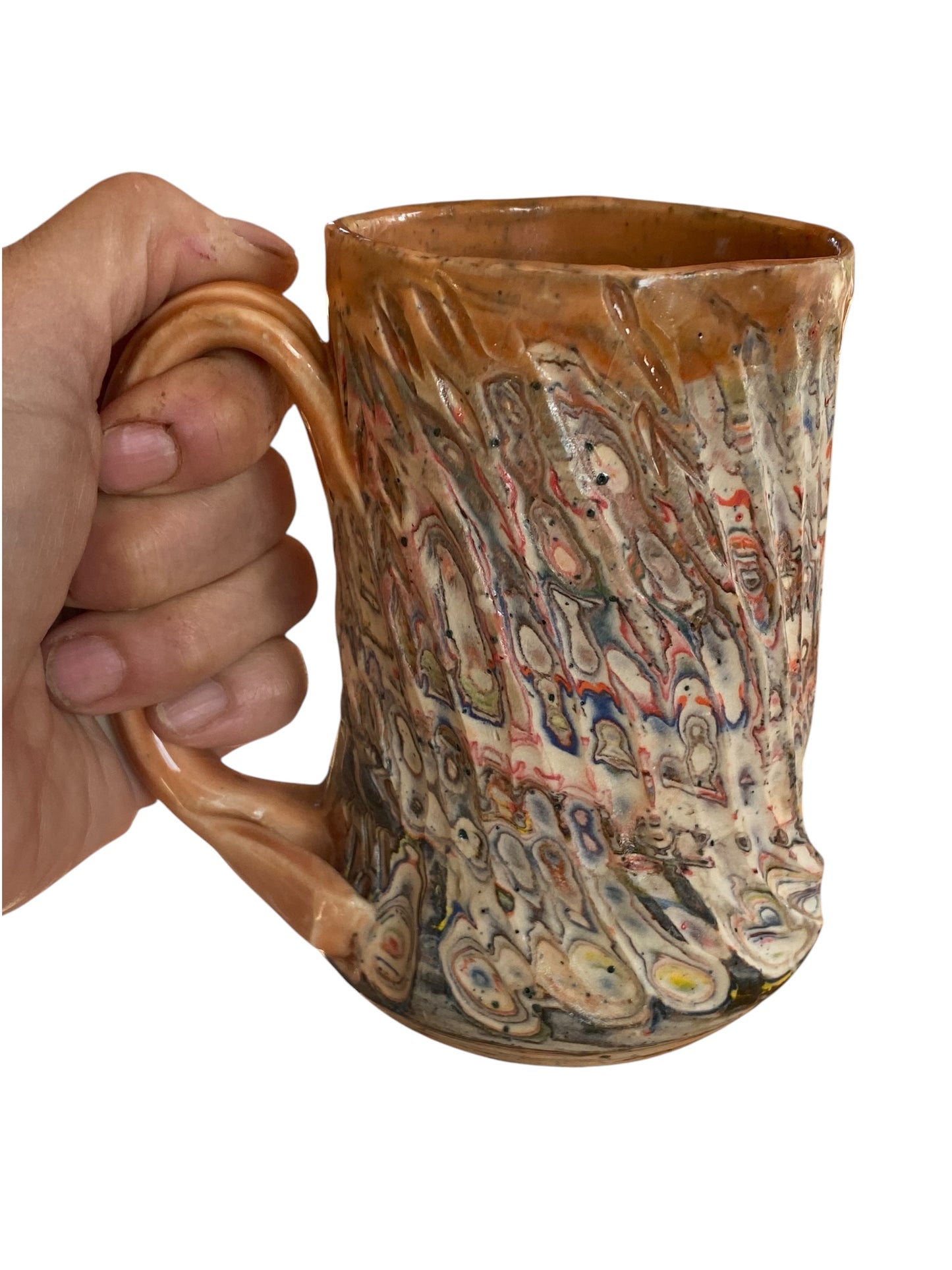 Fluted Porcelain Mug – Swirled Colored Clays with Japanese Neriage, Hand-Carved, Satin-Smooth Unglazed Pottery
