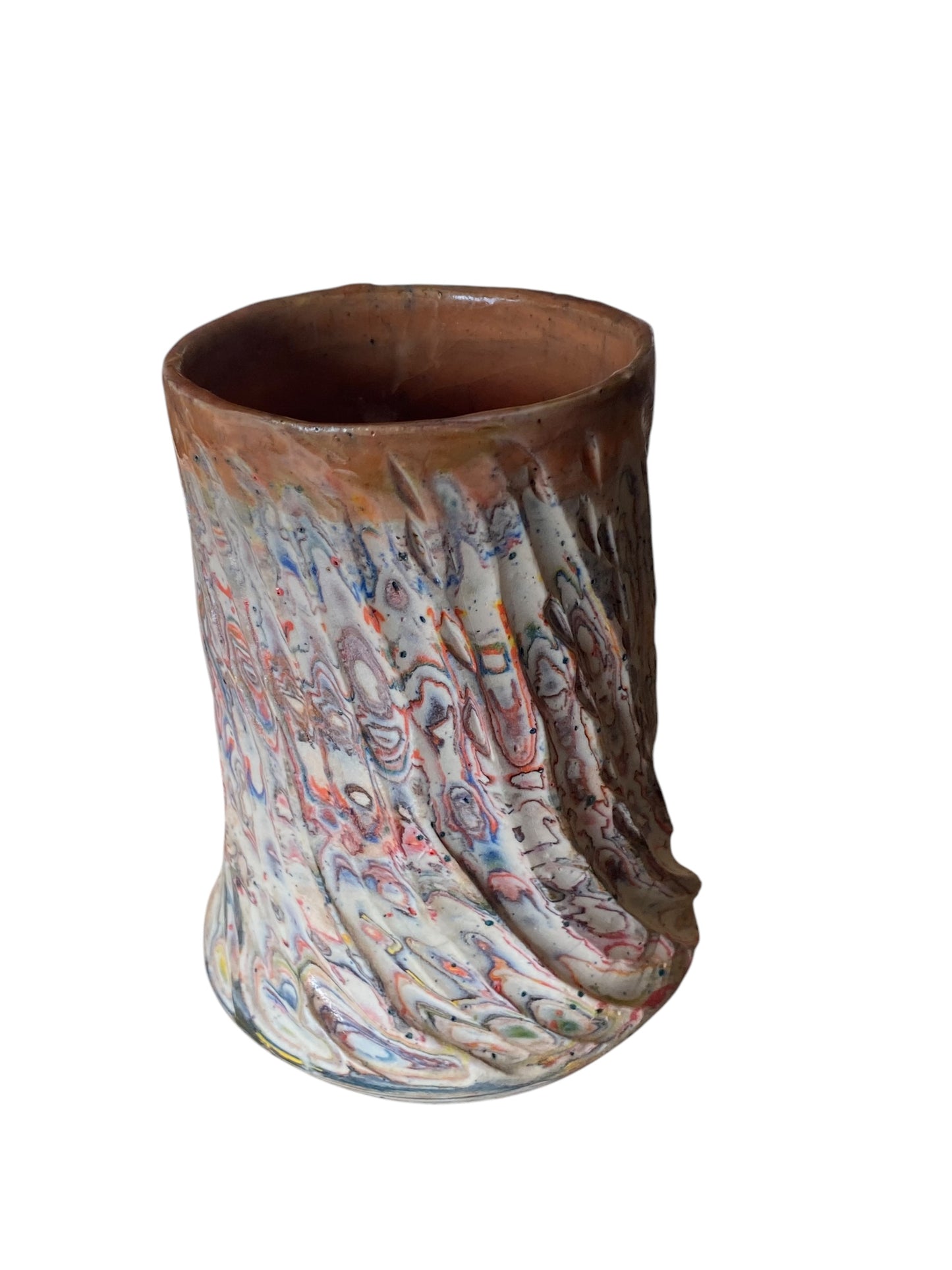 Fluted Porcelain Mug – Swirled Colored Clays with Japanese Neriage, Hand-Carved, Satin-Smooth Unglazed Pottery