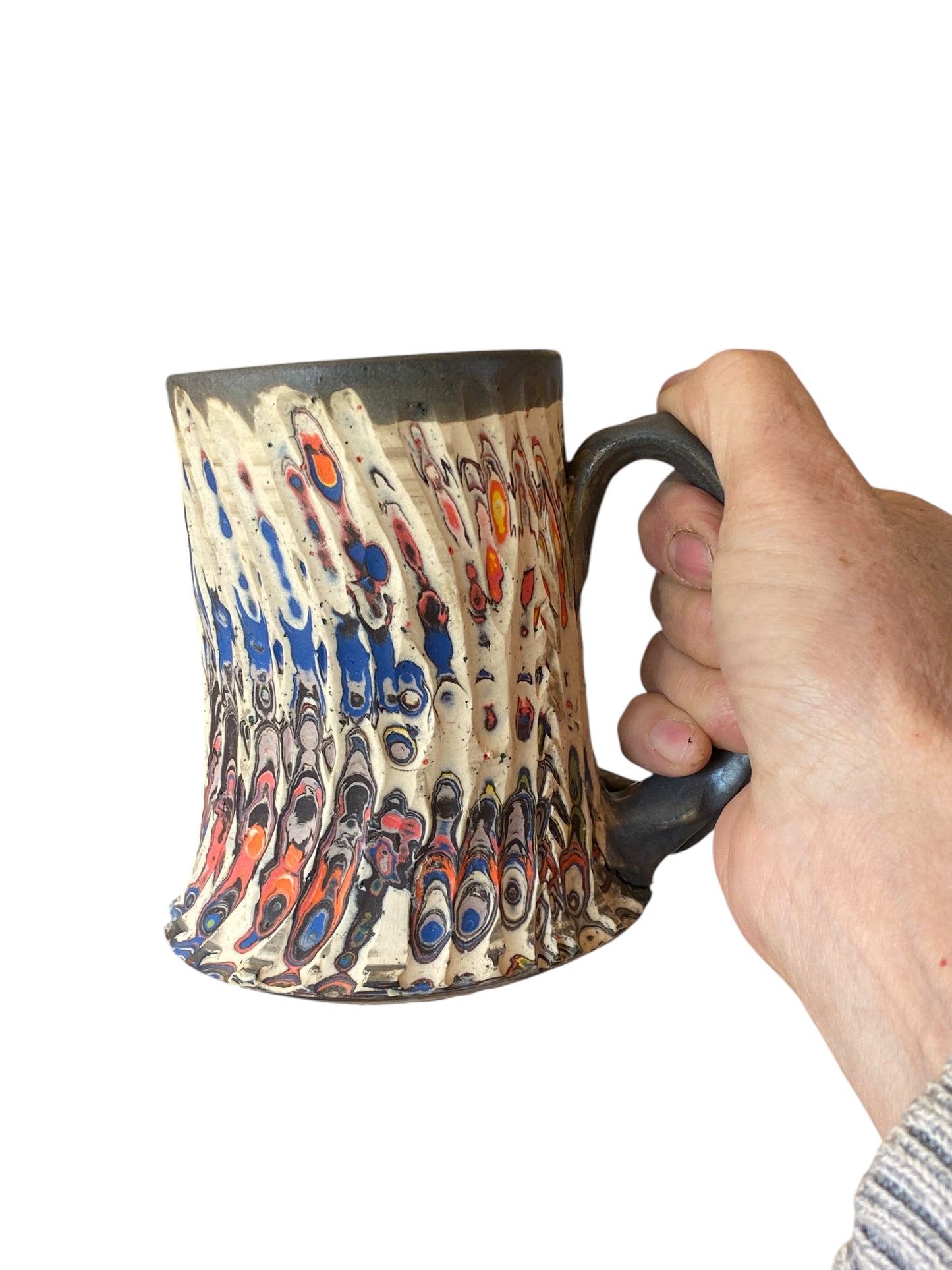 Fluted Porcelain Mug – Swirled Colored Clays with Japanese Neriage, Hand-Carved, Satin-Smooth Unglazed Pottery
