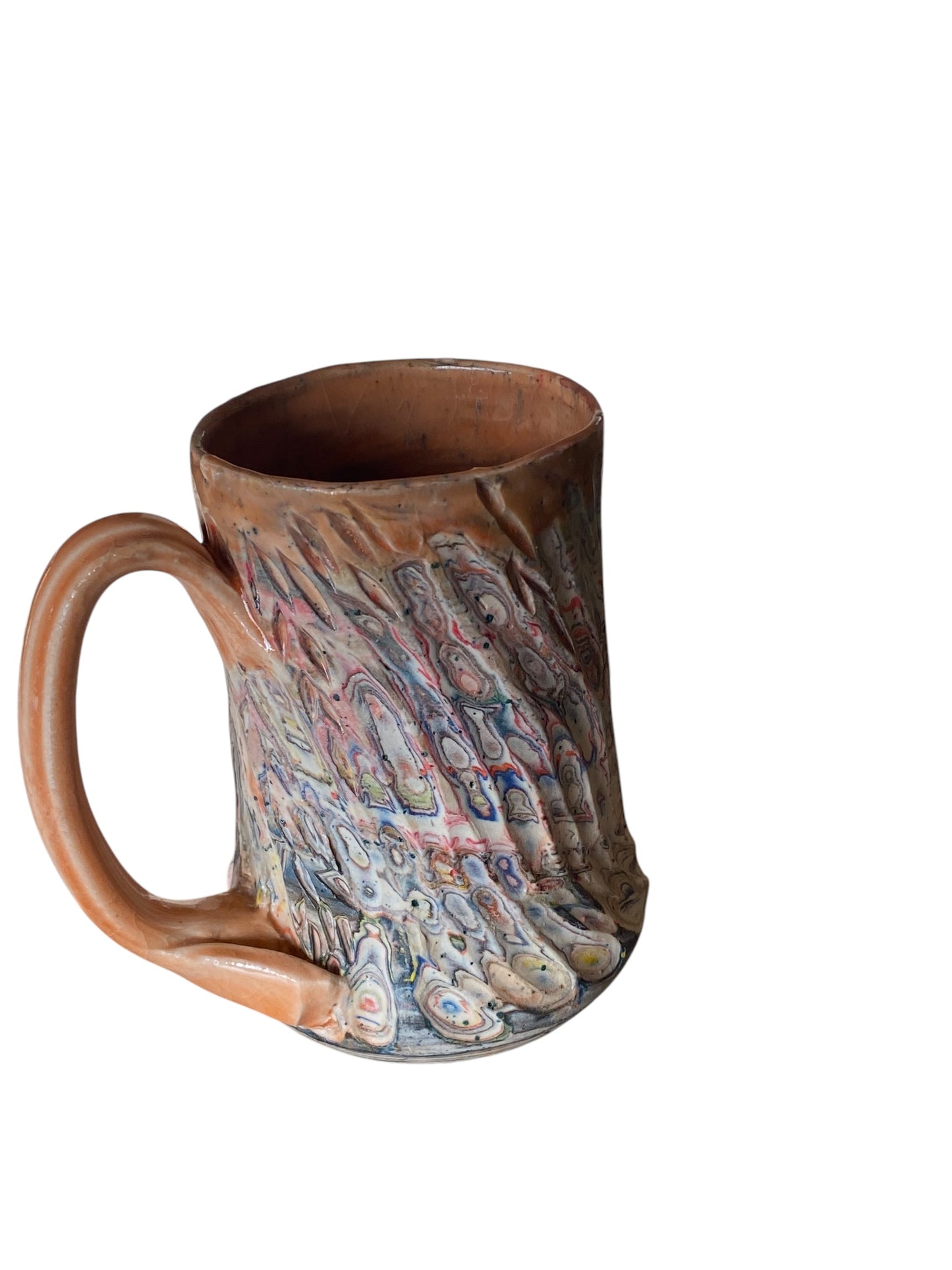 Fluted Porcelain Mug – Swirled Colored Clays with Japanese Neriage, Hand-Carved, Satin-Smooth Unglazed Pottery