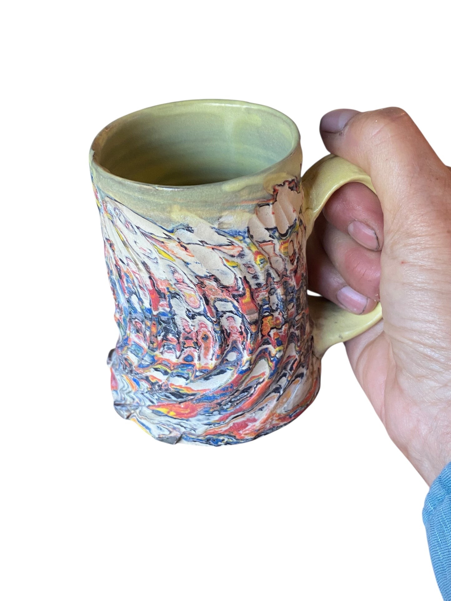 Fluted Porcelain Mug – Swirled Colored Clays with Japanese Neriage, Hand-Carved, Satin-Smooth Unglazed Pottery