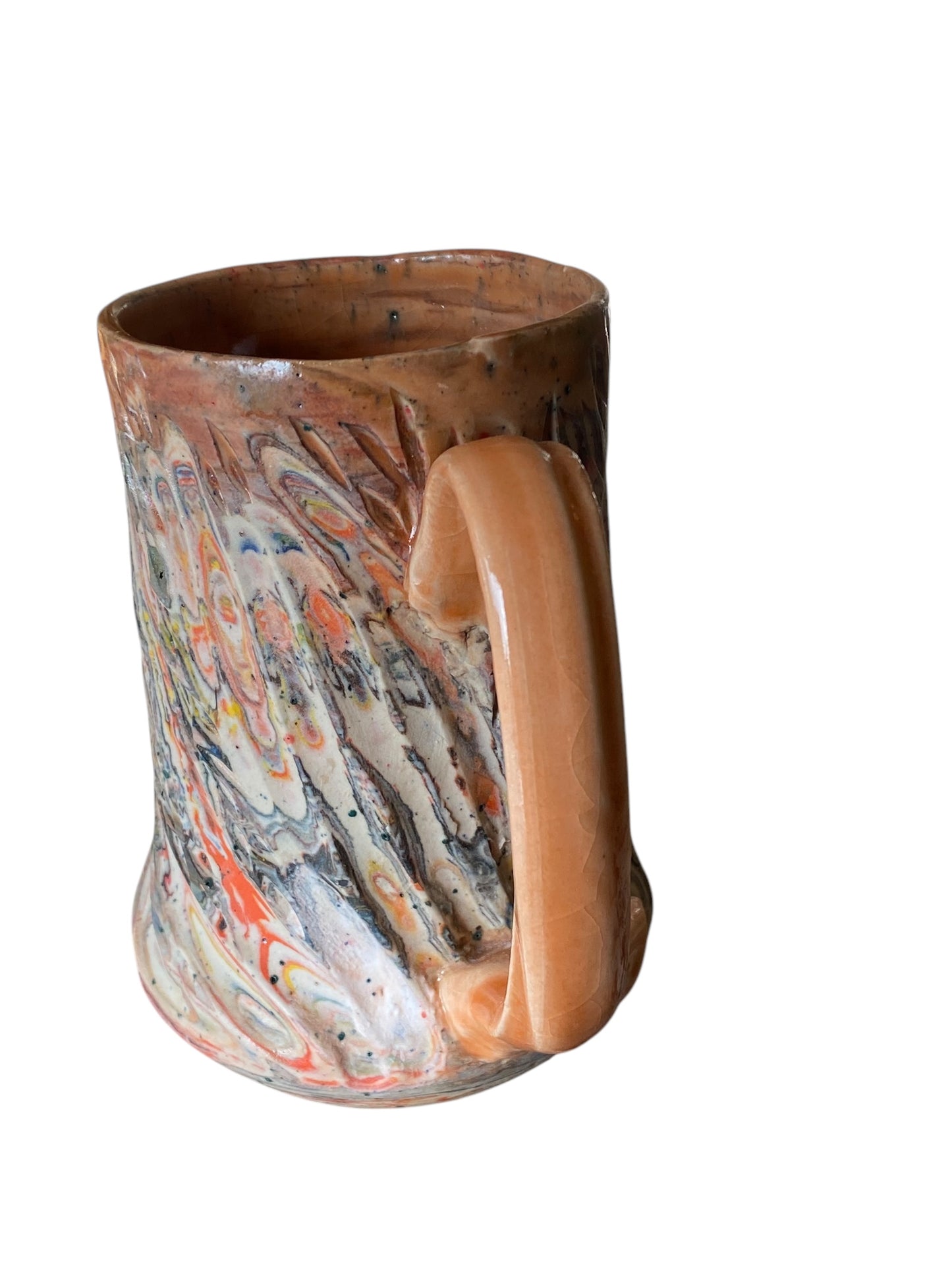Fluted Porcelain Mug – Swirled Colored Clays with Japanese Neriage, Hand-Carved, Satin-Smooth Unglazed Pottery