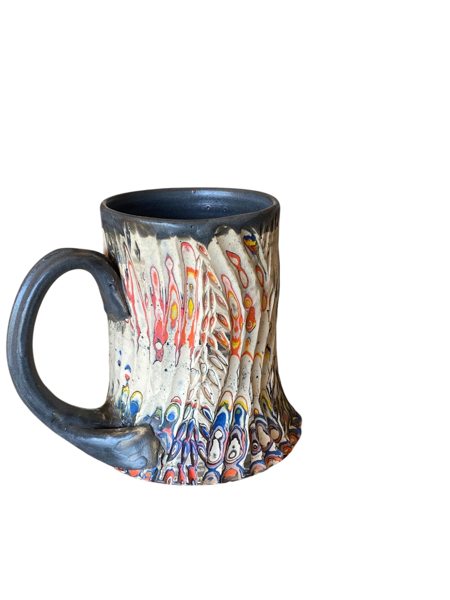 Fluted Porcelain Mug – Swirled Colored Clays with Japanese Neriage, Hand-Carved, Satin-Smooth Unglazed Pottery